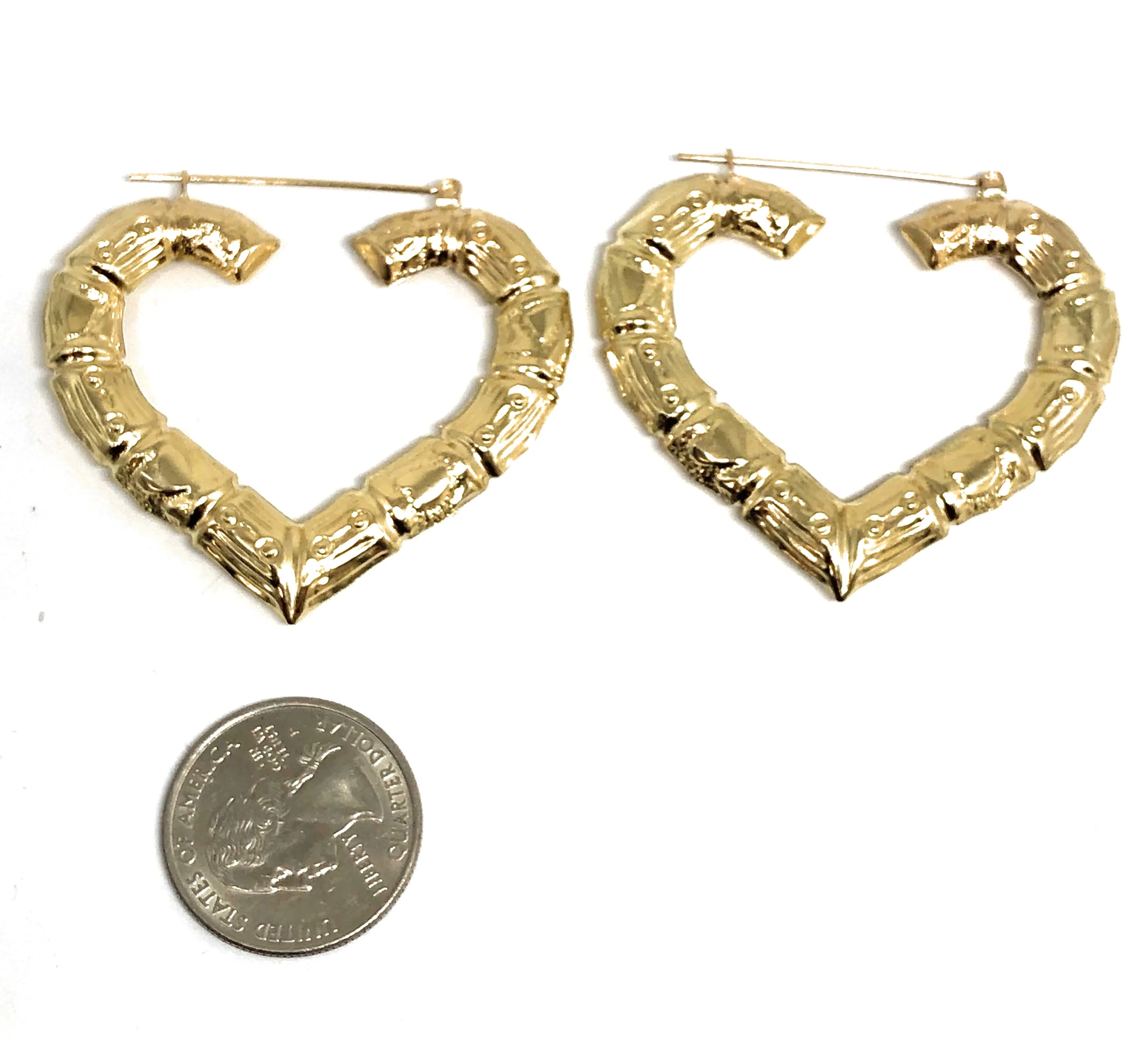 10k Solid Gold Yellow Bamboo Heart Hoop Earrings 1.5-2 INCH Arracadas - Image 2
