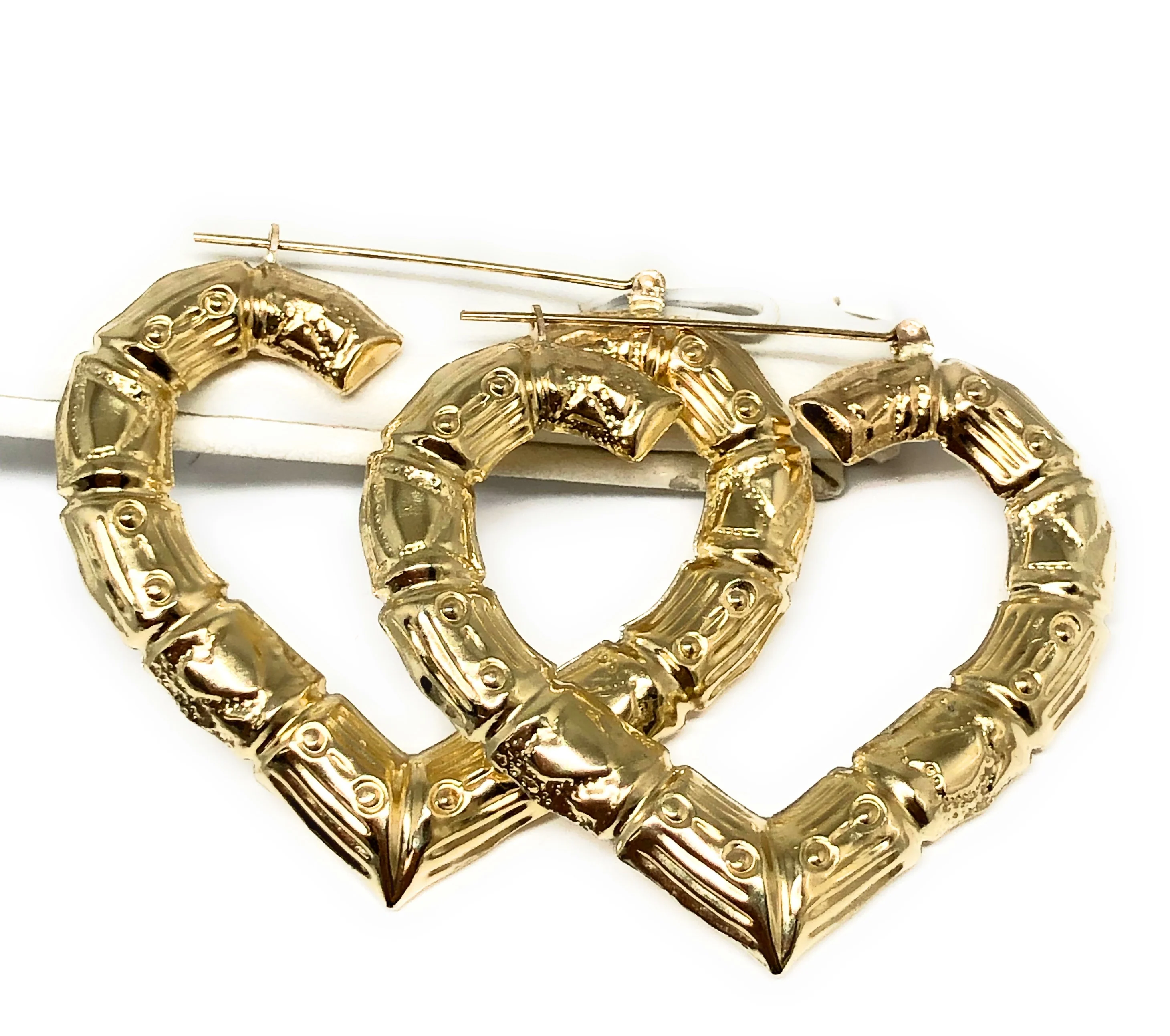 10k Solid Gold Yellow Bamboo Heart Hoop Earrings 1.5-2 INCH Arracadas - Image 3