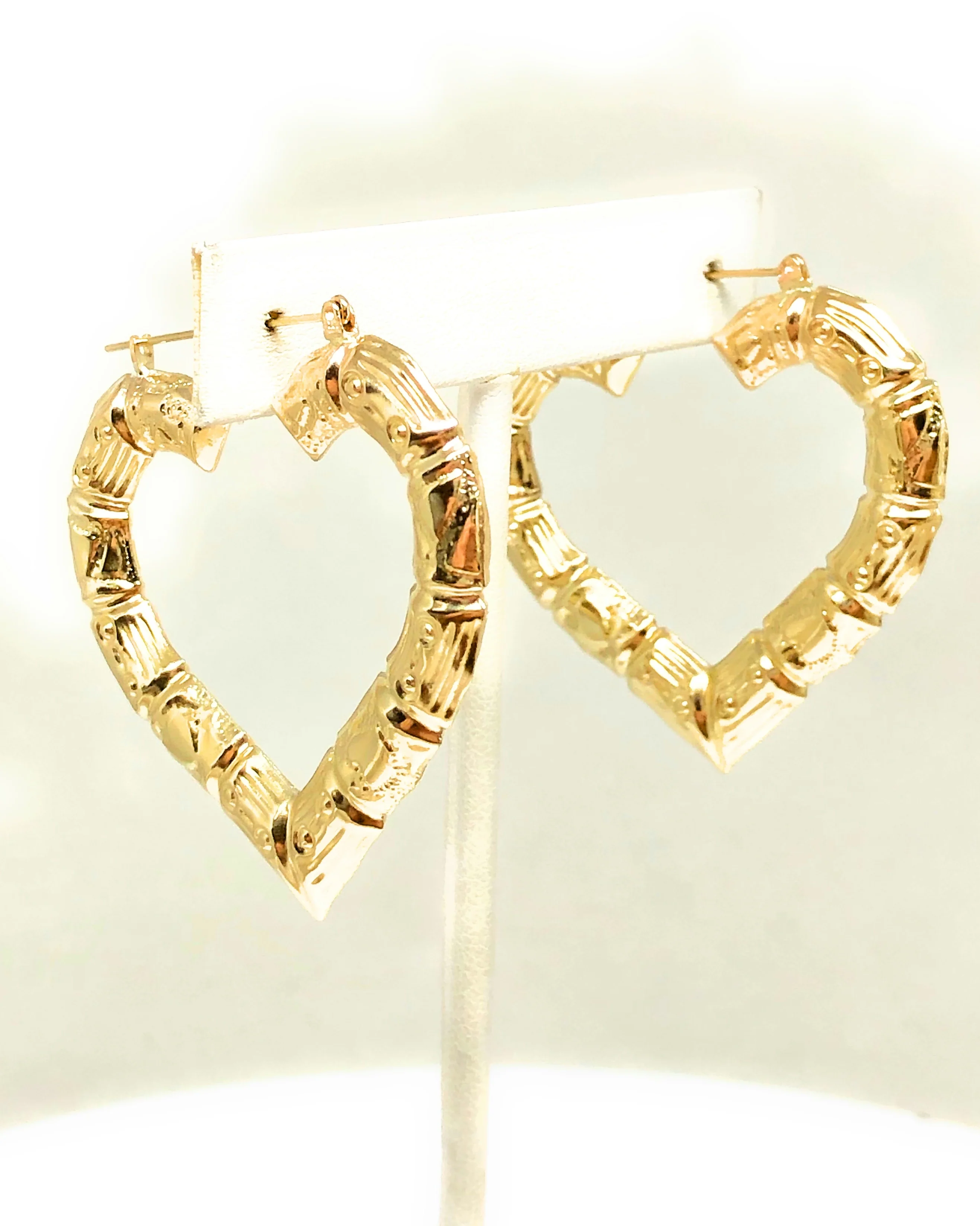 10k Solid Gold Yellow Bamboo Heart Hoop Earrings 1.5-2 INCH Arracadas - Image 5