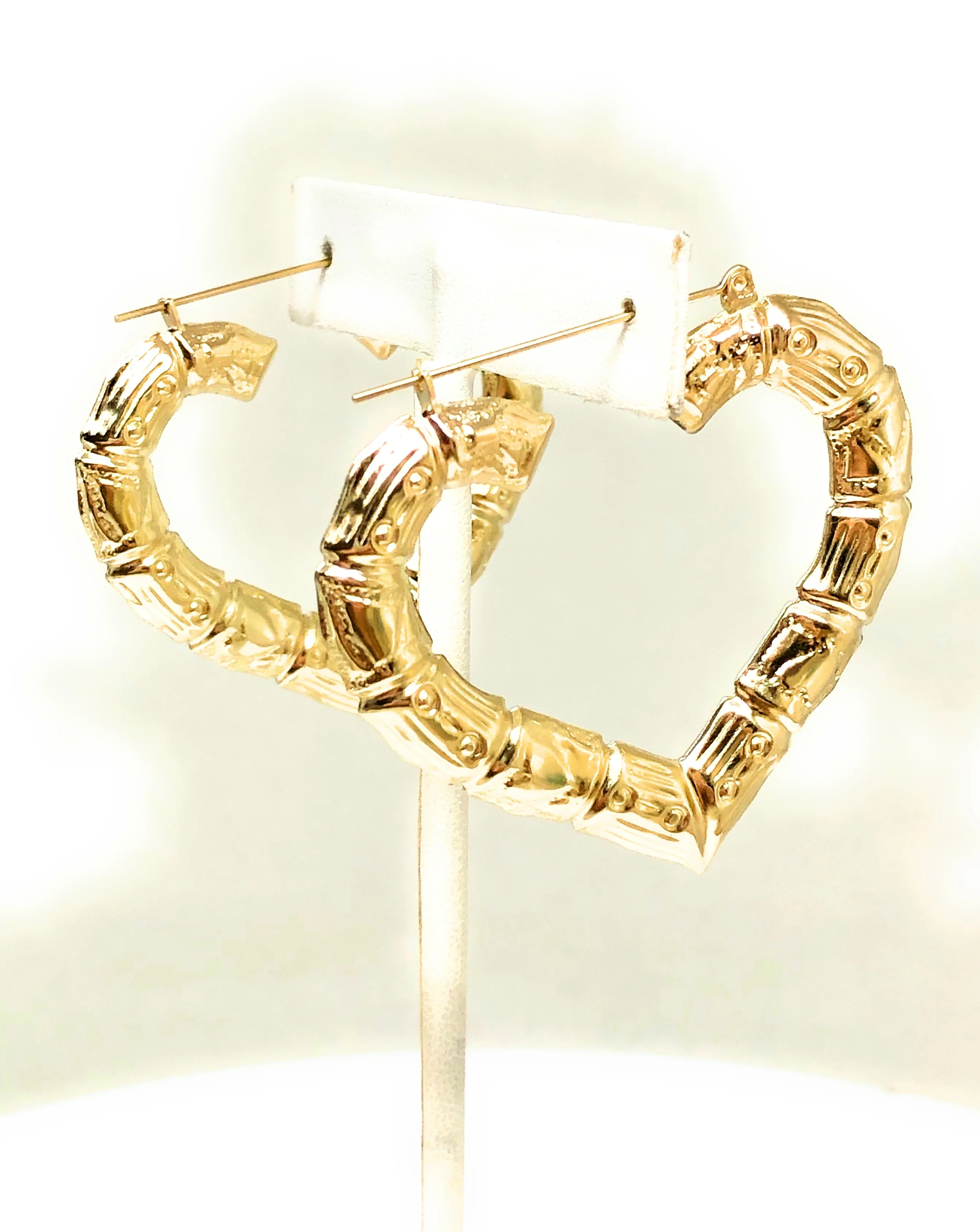 10k Solid Gold Yellow Bamboo Heart Hoop Earrings 1.5-2 INCH Arracadas - Image 6