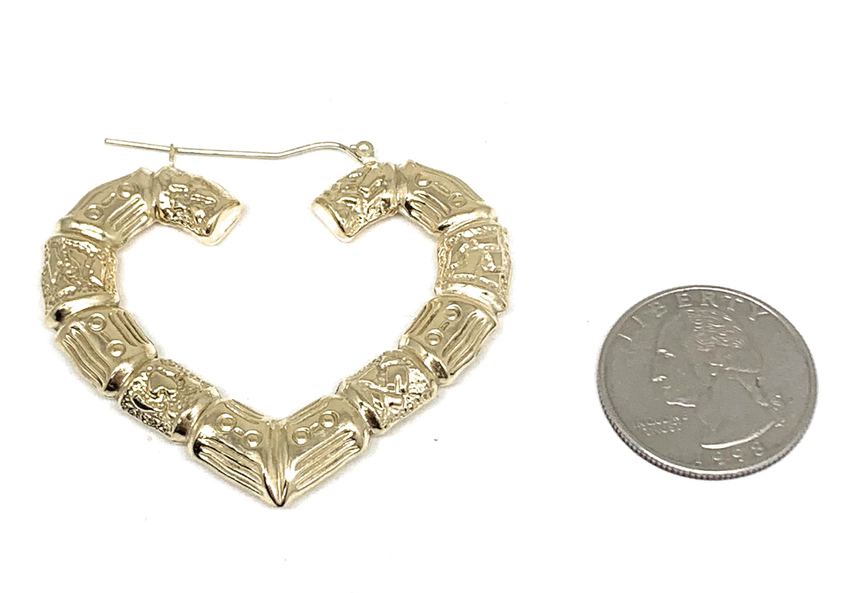10k Solid Gold Yellow Bamboo Heart Hoop Earrings 2 INCH Arracadas - Image 2