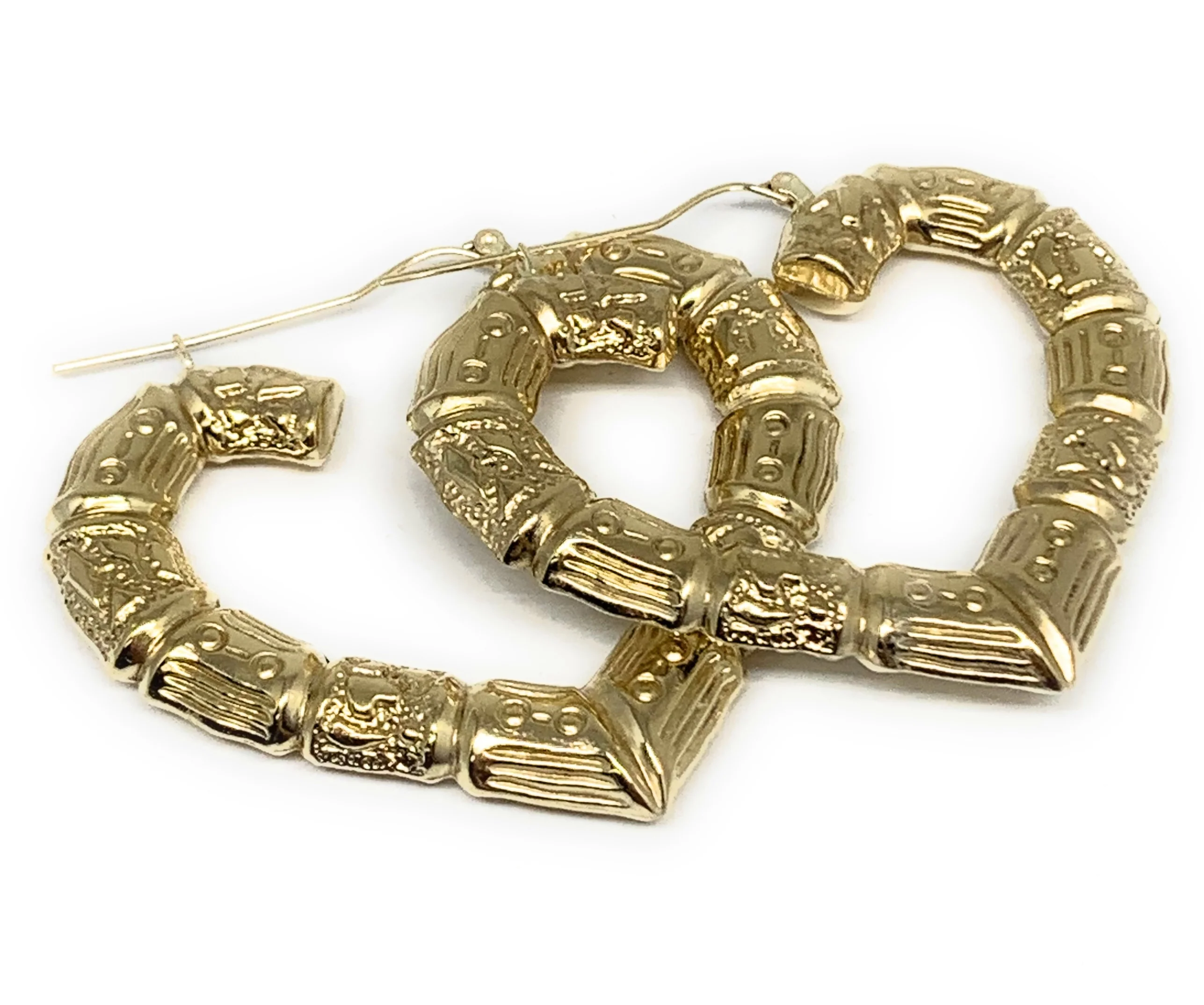 10k Solid Gold Yellow Bamboo Heart Hoop Earrings 2 INCH Arracadas - Image 3