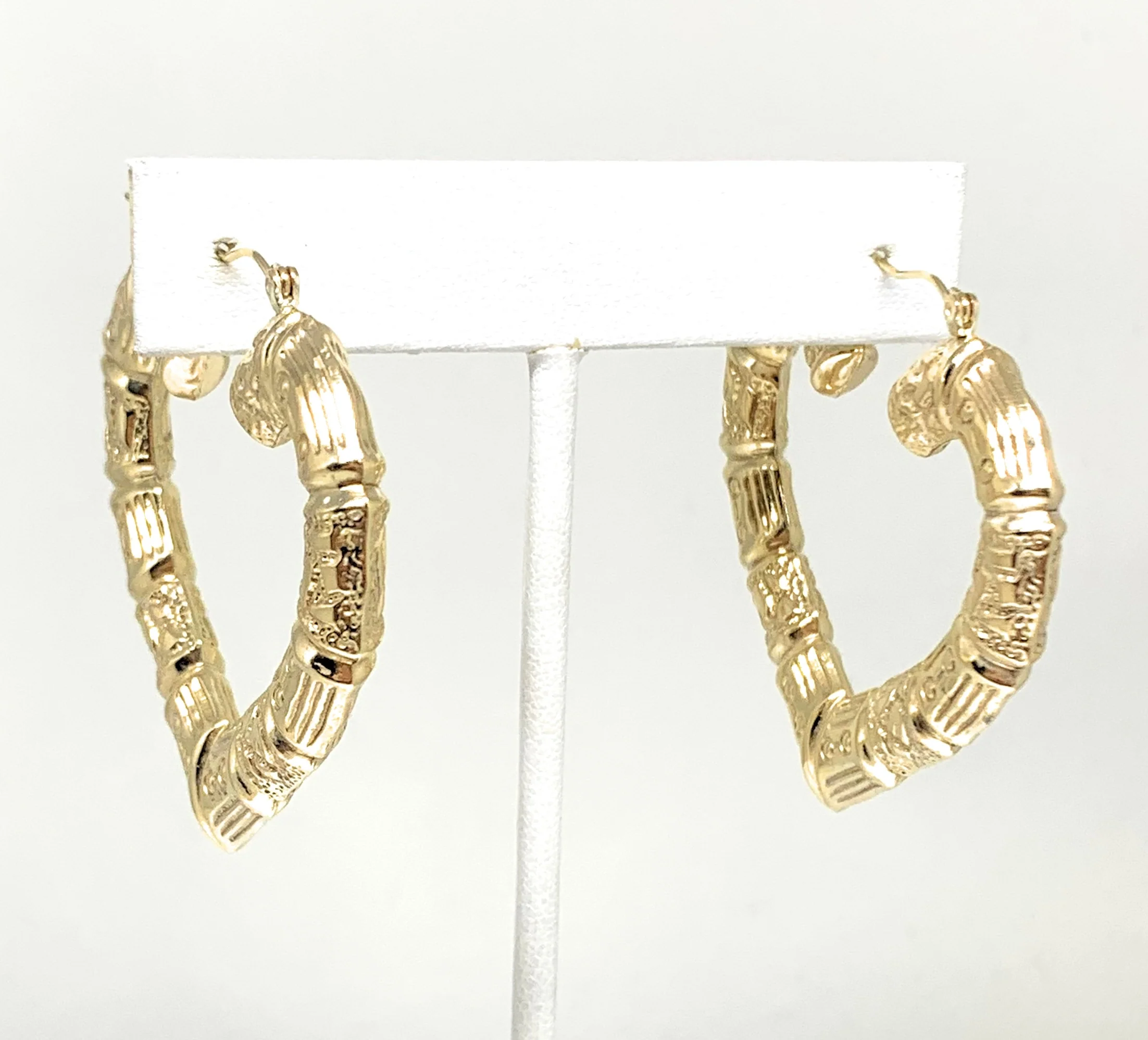 10k Solid Gold Yellow Bamboo Heart Hoop Earrings 2 INCH Arracadas - Image 4