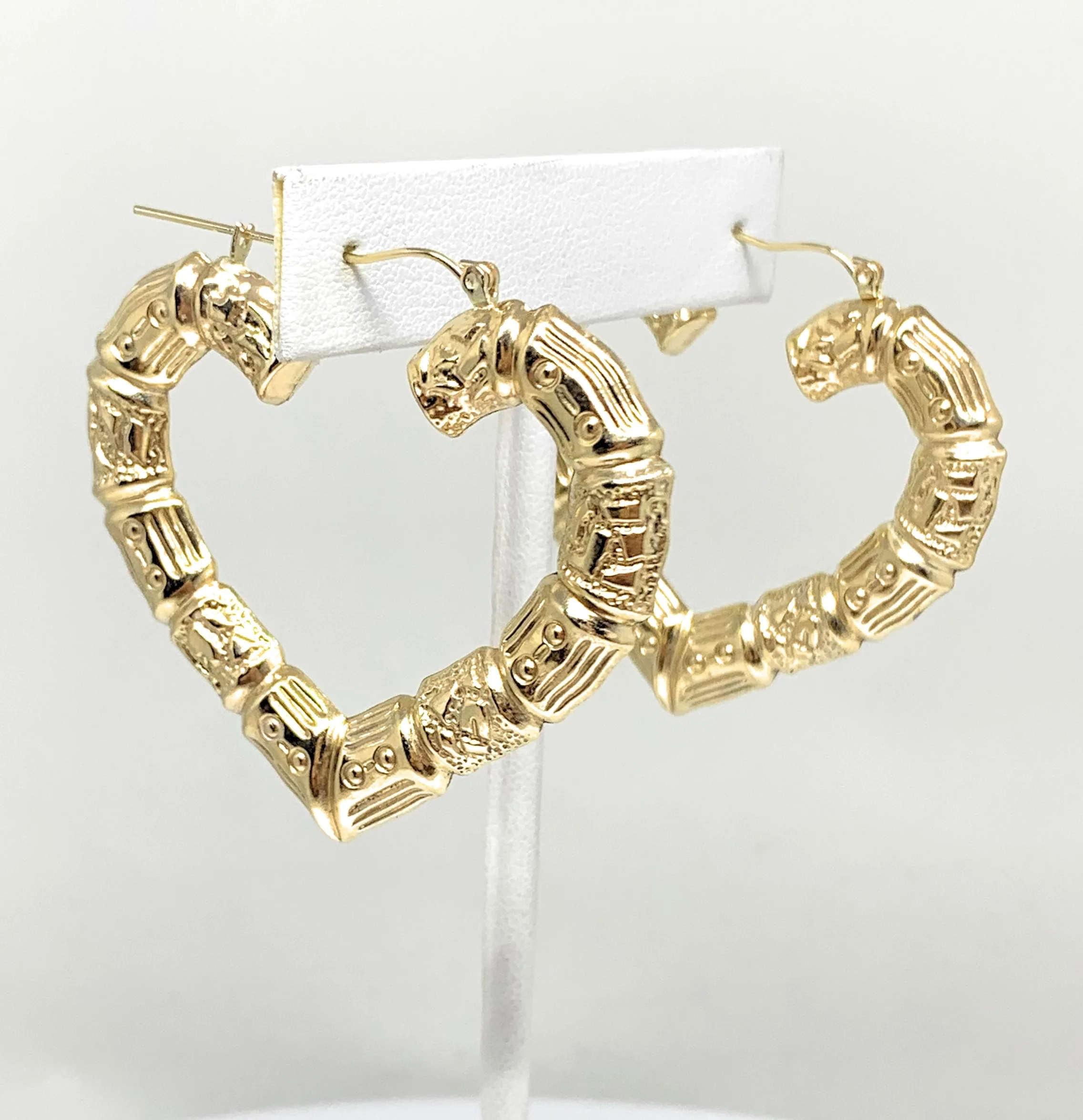 10k Solid Gold Yellow Bamboo Heart Hoop Earrings 2 INCH Arracadas - Image 5