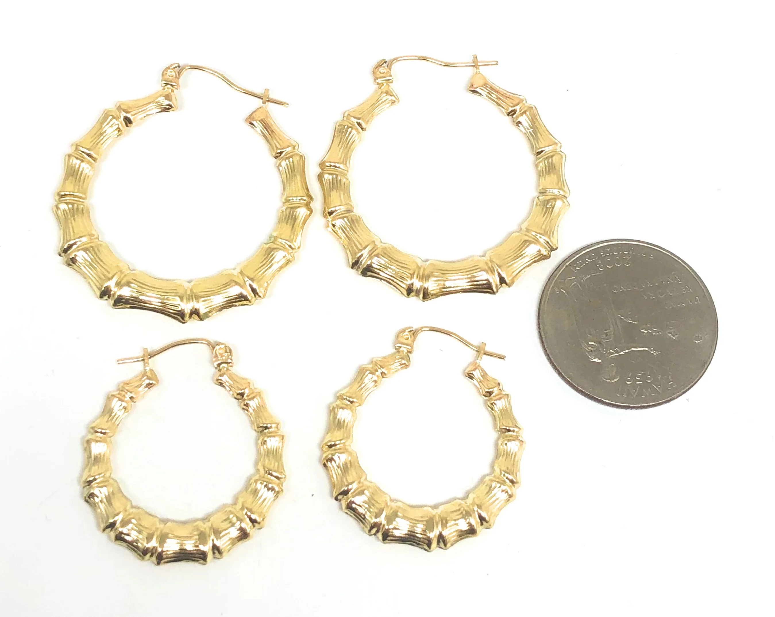 10k Solid Gold Yellow Bamboo Hoop Earrings 0.5-1.5 INCH Arracadas - Image 2