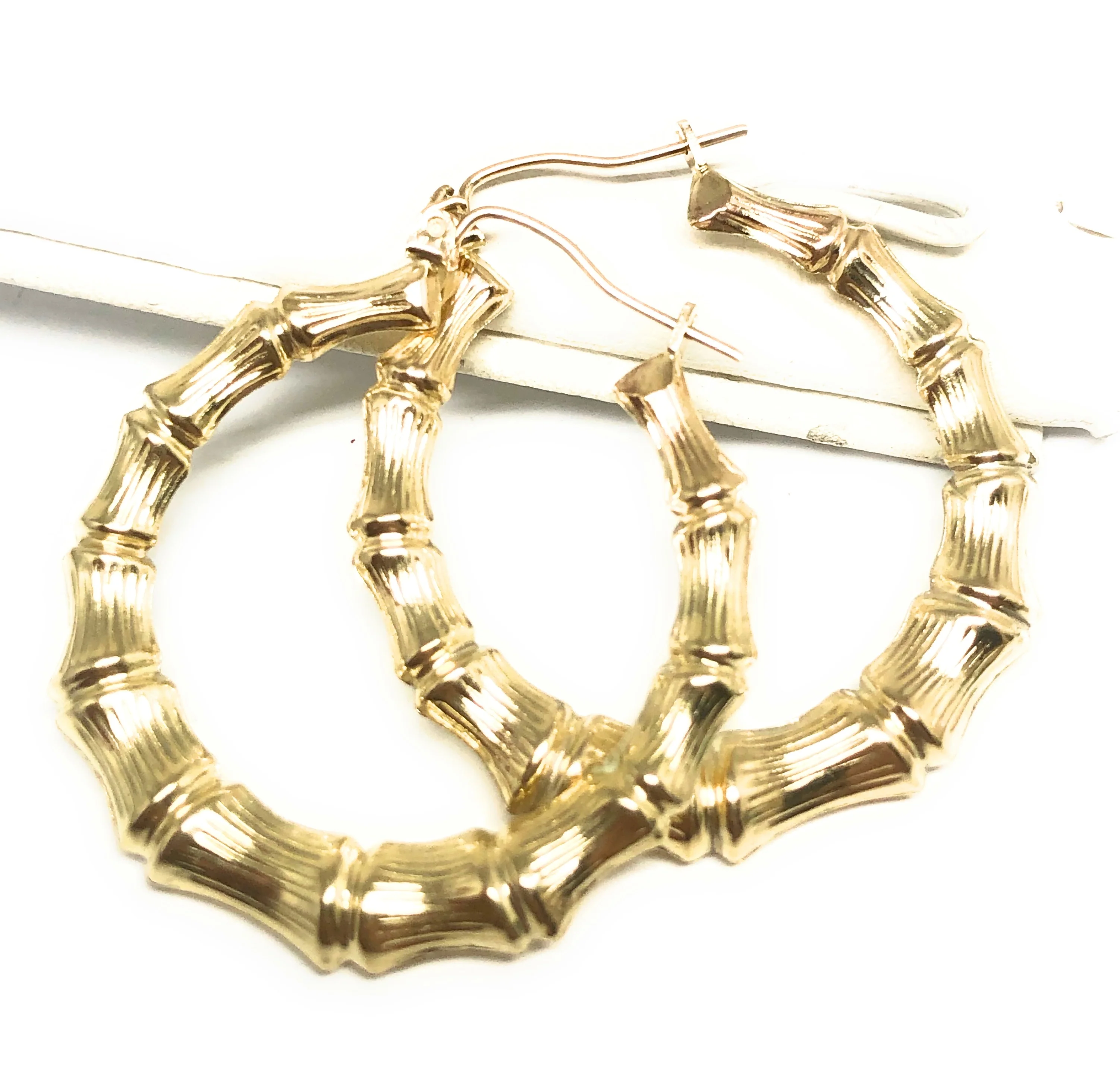 10k Solid Gold Yellow Bamboo Hoop Earrings 0.5-1.5 INCH Arracadas - Image 3