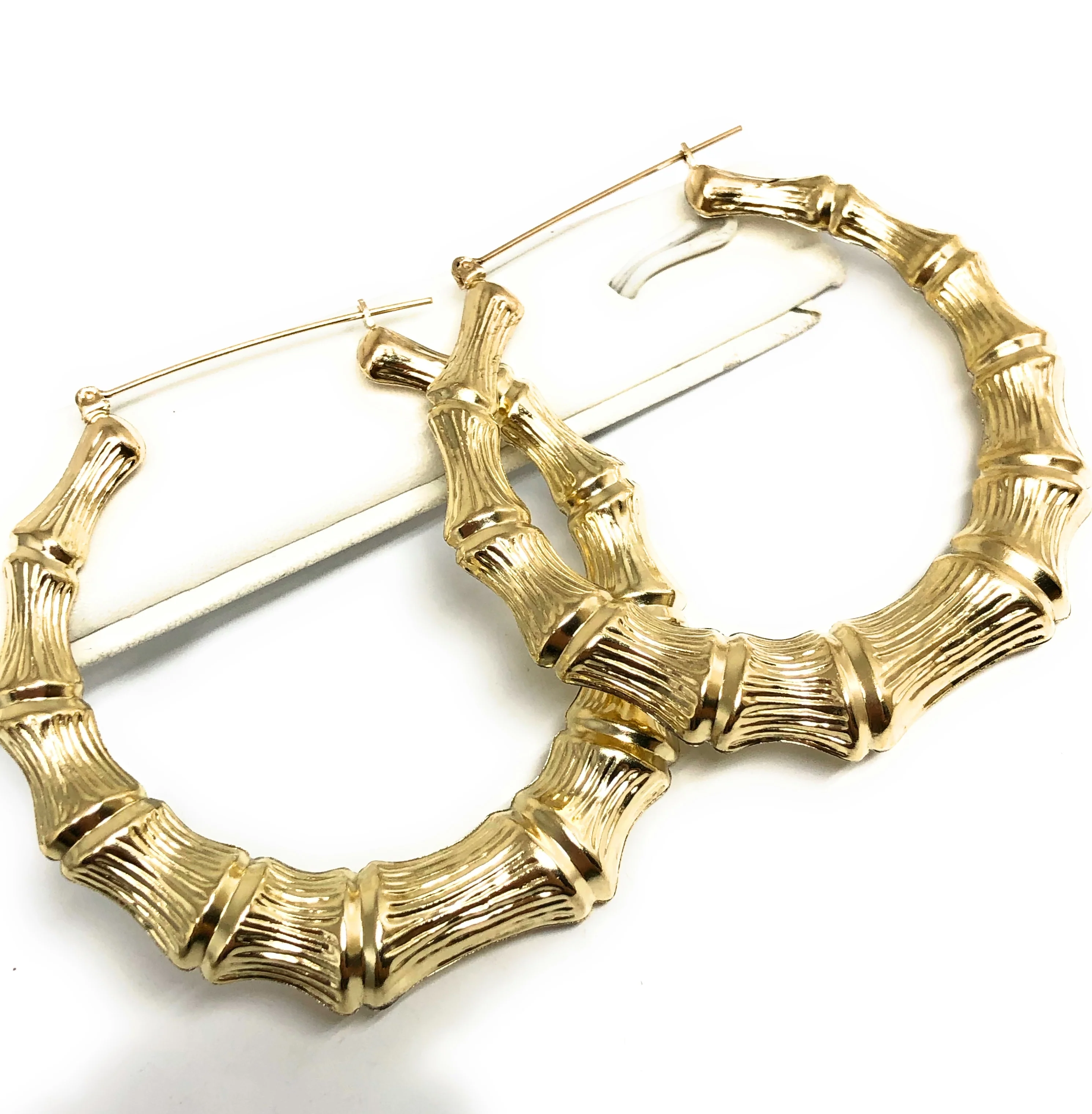10k Solid Gold Yellow Bamboo Hoop Earrings 2.5 INCH Arracadas - Image 3