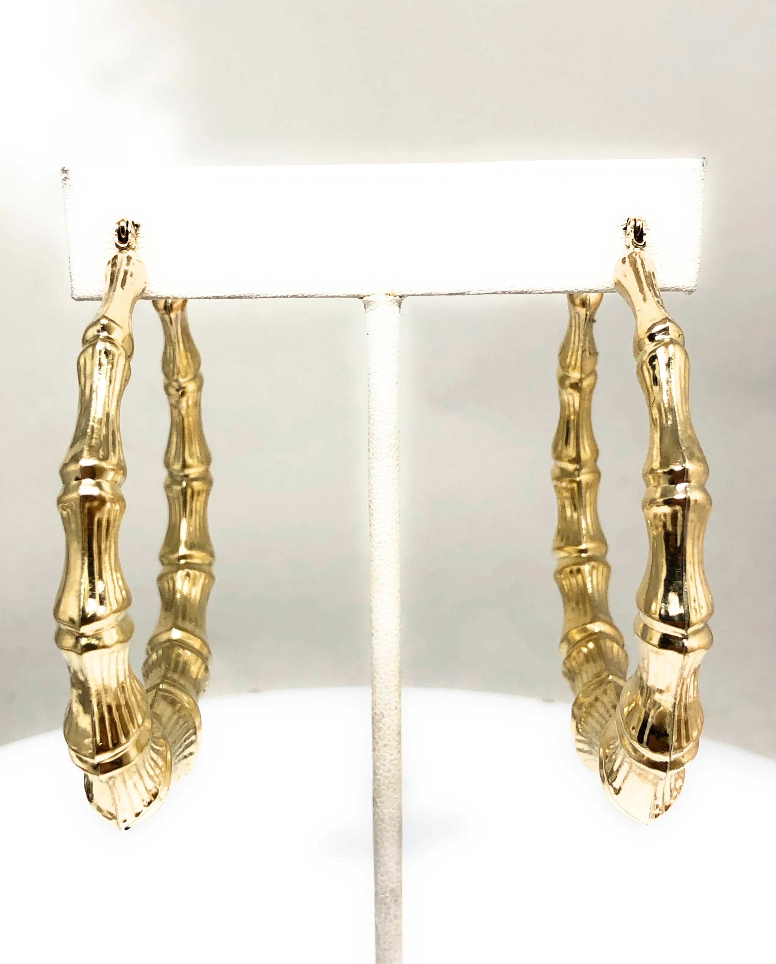 10k Solid Gold Yellow Bamboo Hoop Earrings 2.5 INCH Arracadas - Image 4