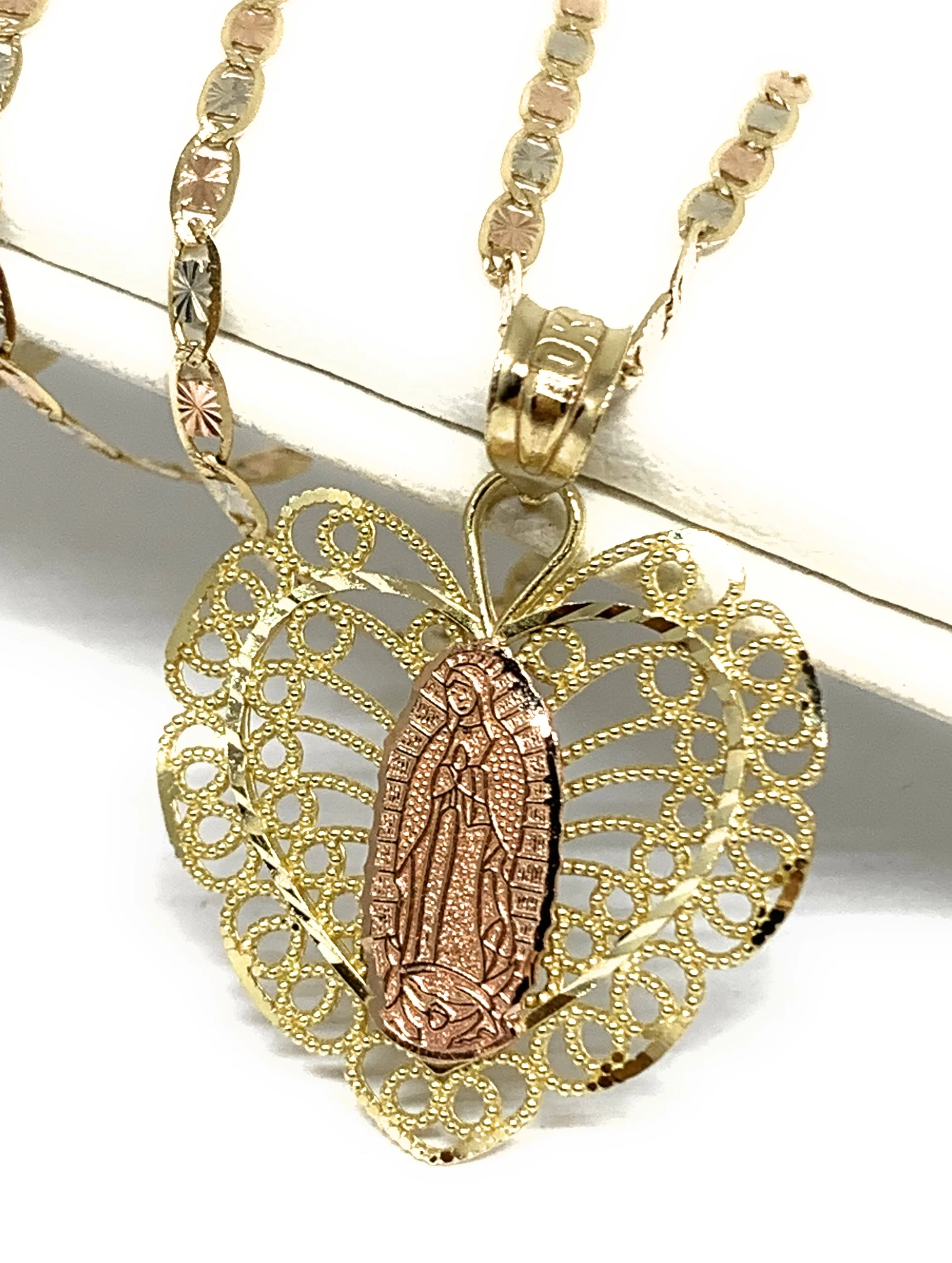 10k Solid Gold Yellow & Rose Gold Viirgin Mary Butterfly Heart Pendant Necklace Valentina Chain
