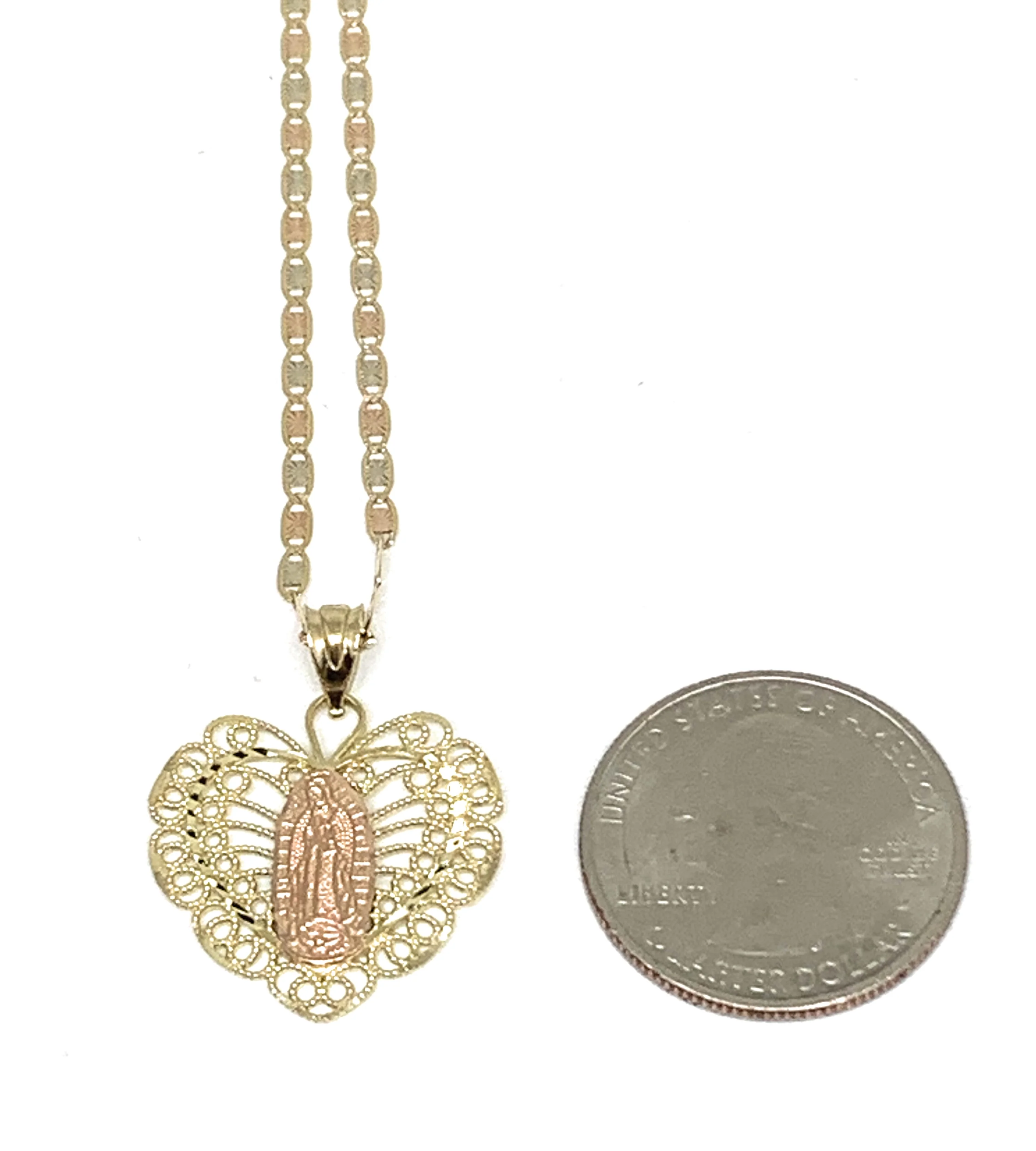 10k Solid Gold Yellow & Rose Gold Viirgin Mary Butterfly Heart Pendant Necklace Valentina Chain - Image 2
