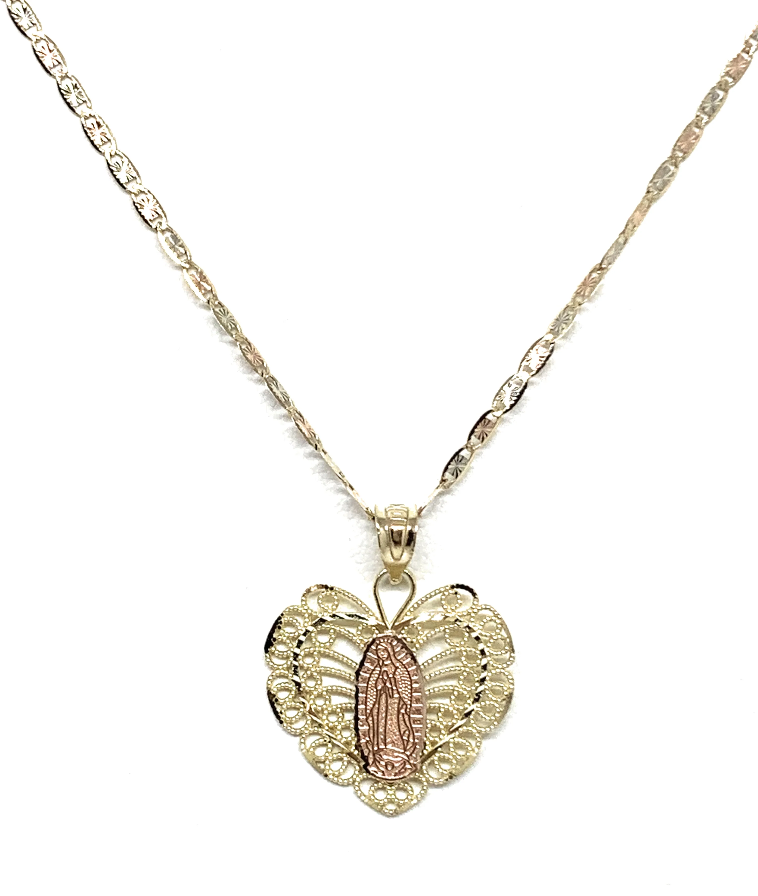 10k Solid Gold Yellow & Rose Gold Viirgin Mary Butterfly Heart Pendant Necklace Valentina Chain - Image 3