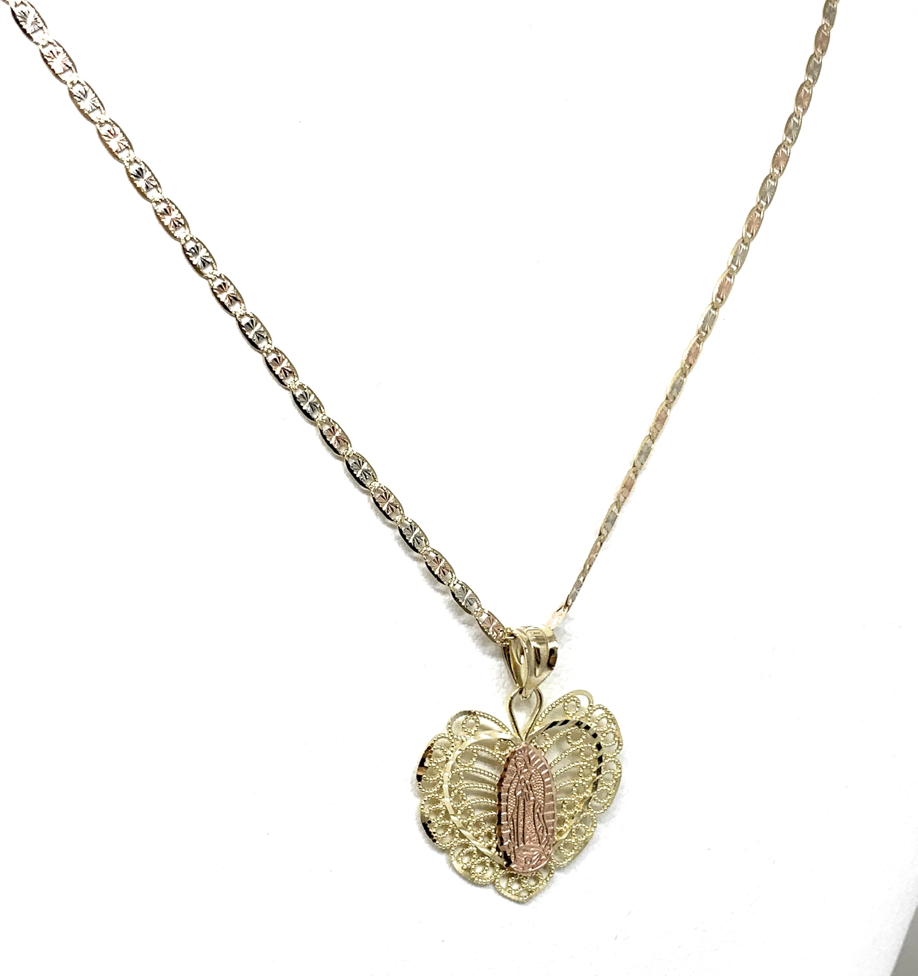 10k Solid Gold Yellow & Rose Gold Viirgin Mary Butterfly Heart Pendant Necklace Valentina Chain - Image 4