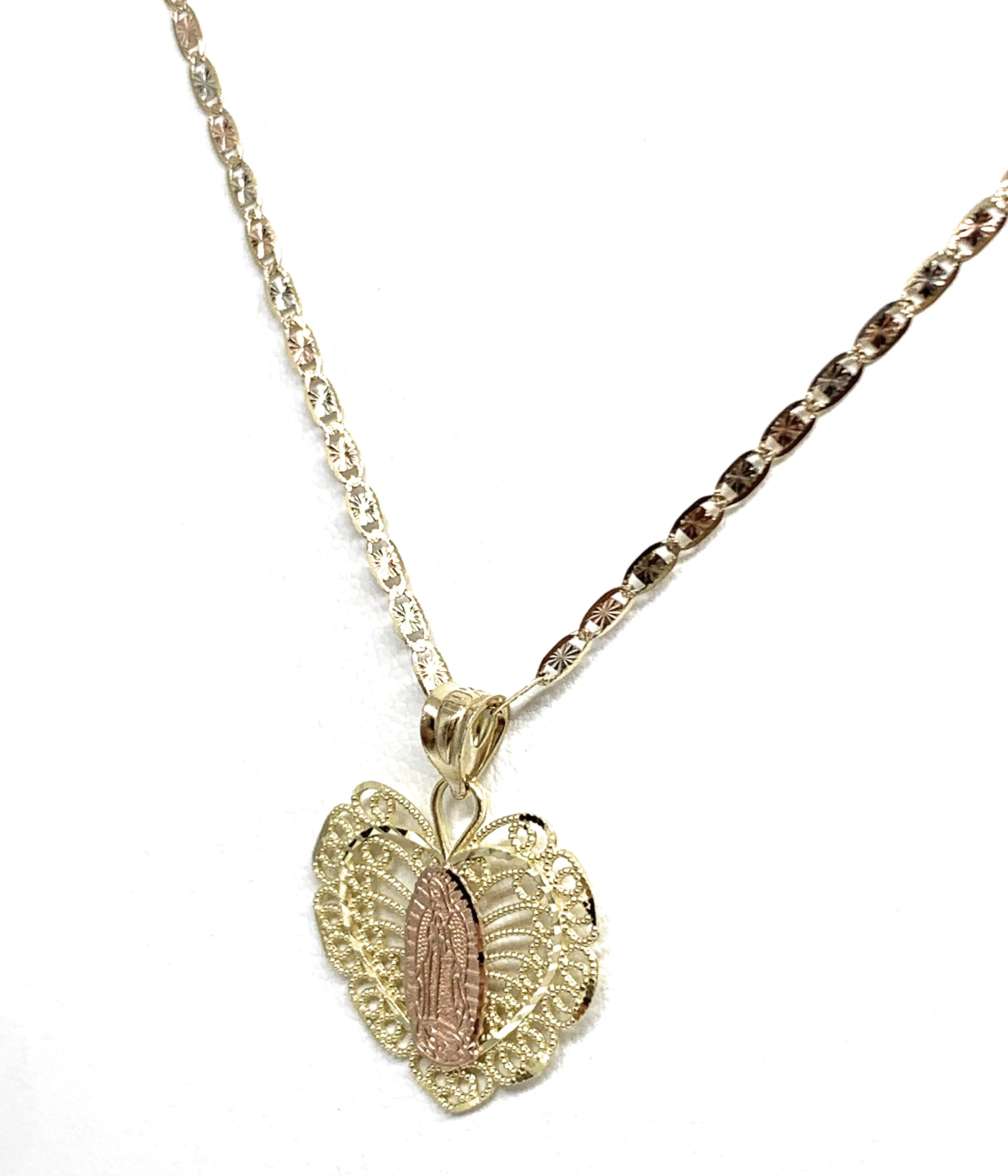 10k Solid Gold Yellow & Rose Gold Viirgin Mary Butterfly Heart Pendant Necklace Valentina Chain - Image 5