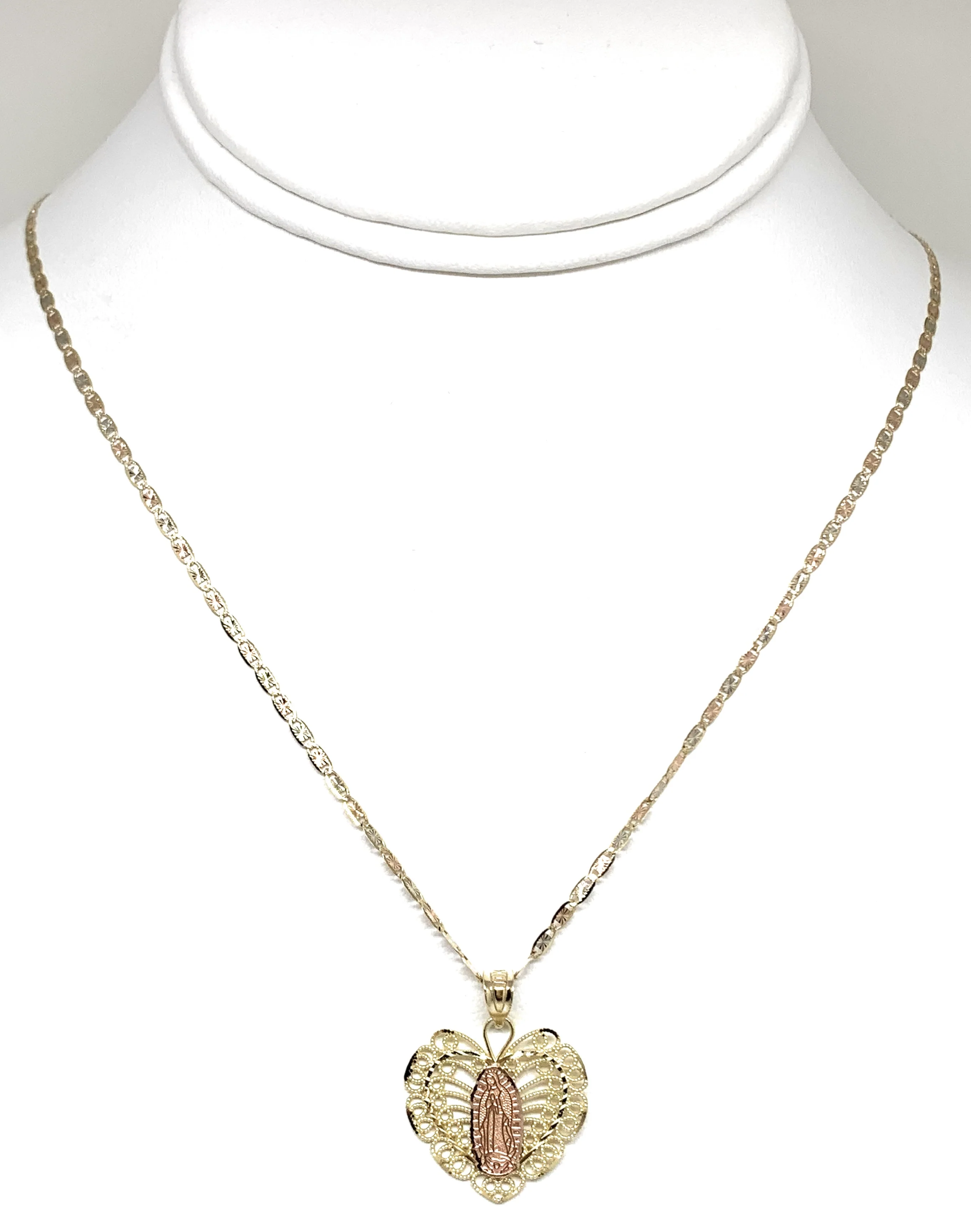 10k Solid Gold Yellow & Rose Gold Viirgin Mary Butterfly Heart Pendant Necklace Valentina Chain - Image 6