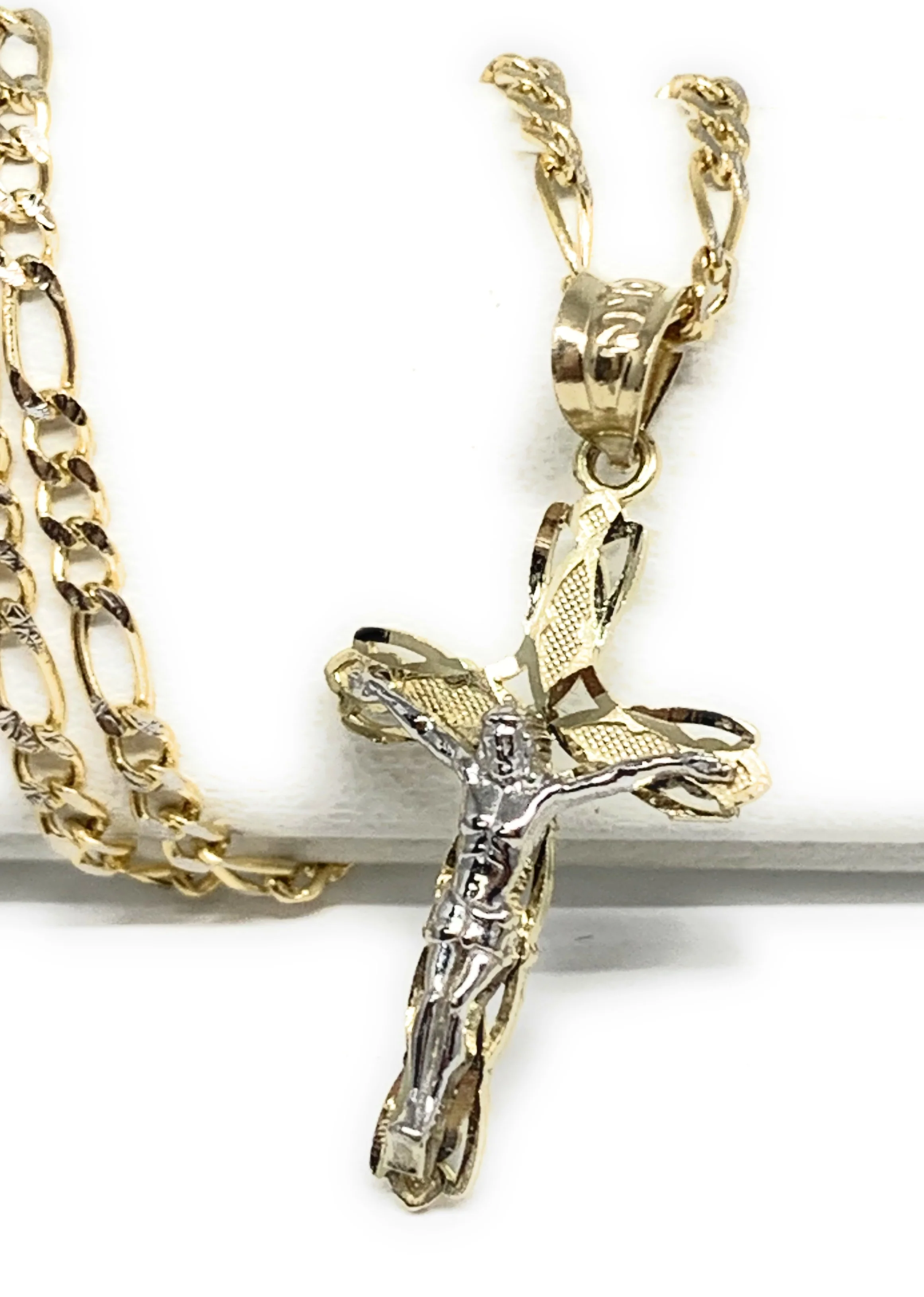10k Solid Gold Yellow Classic 2-Tone Jesus Cross Crucifix Pendant Necklace