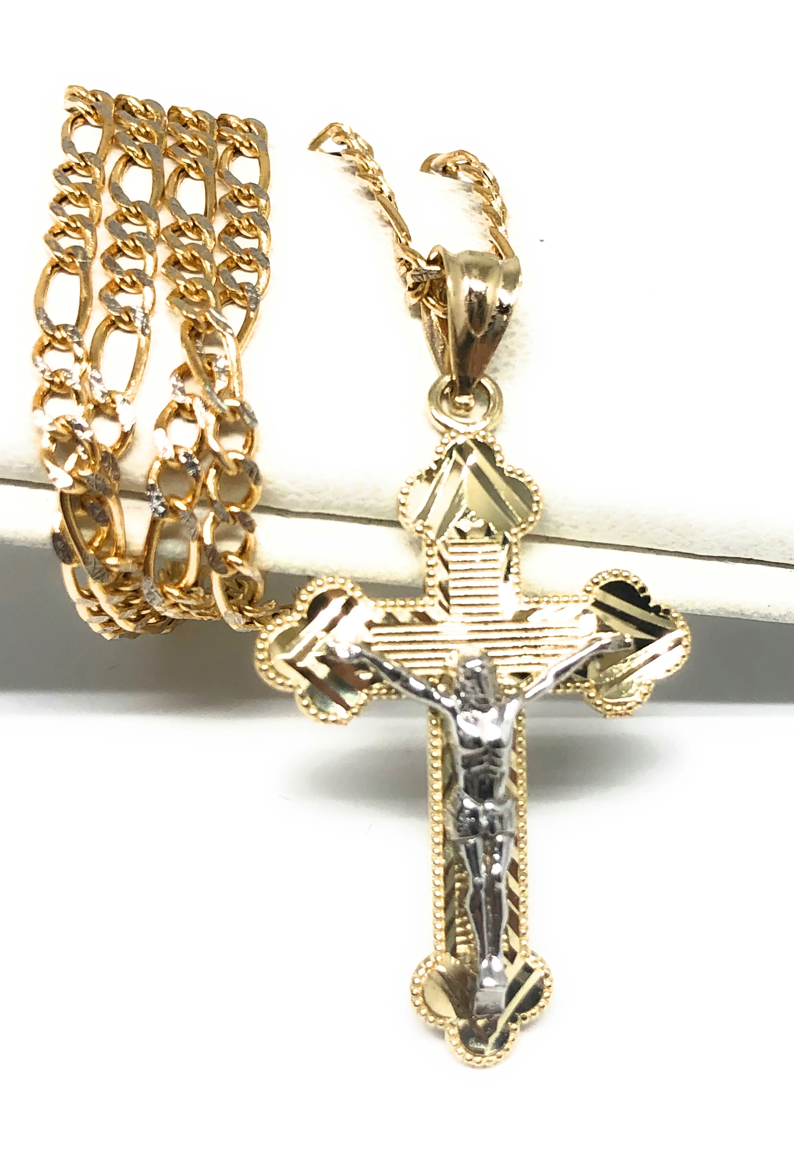 10k Solid Gold Yellow Classic 2-Tone Jesus Cross Crucifix Pendant Necklace