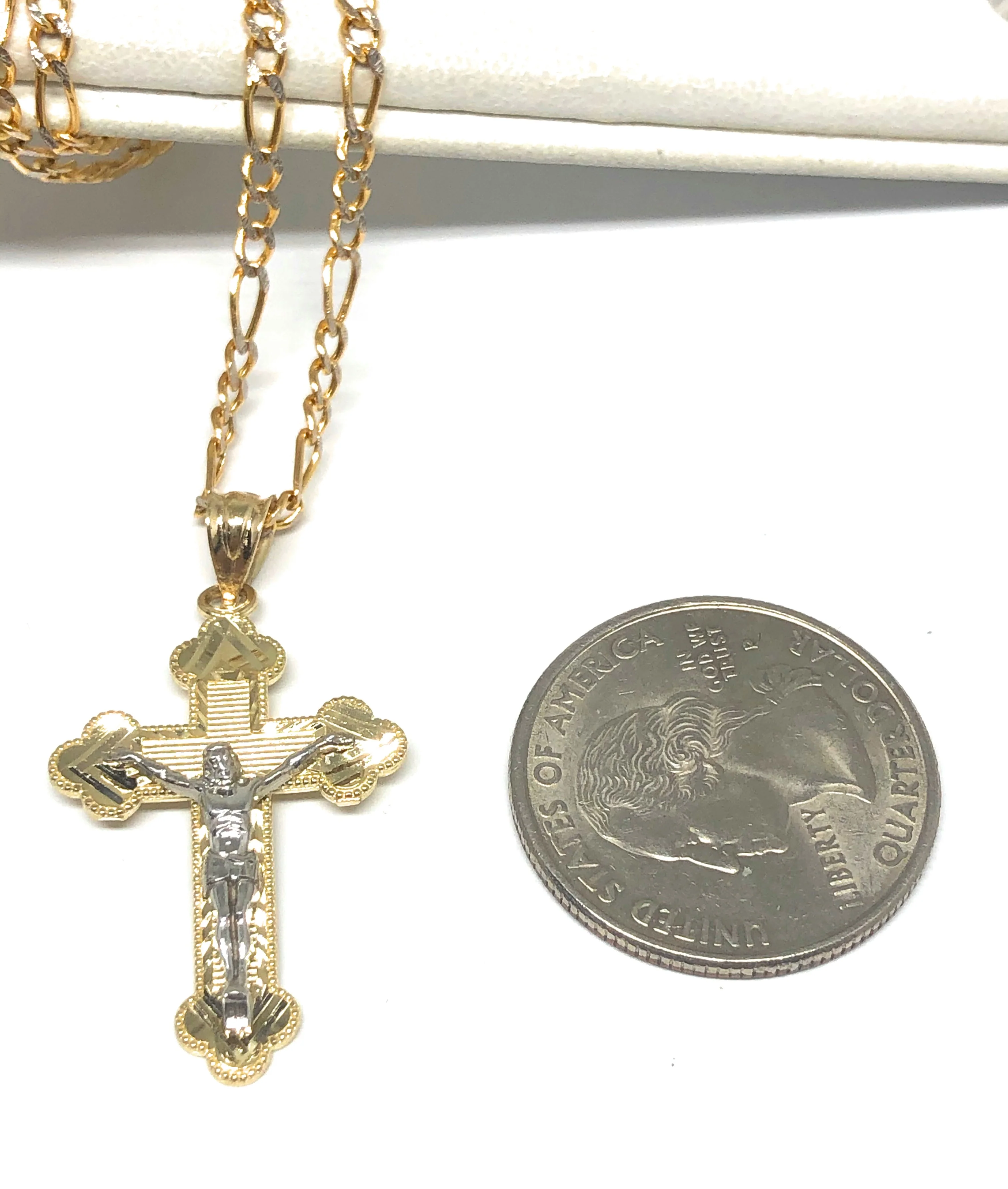 10k Solid Gold Yellow Classic 2-Tone Jesus Cross Crucifix Pendant Necklace - Image 2