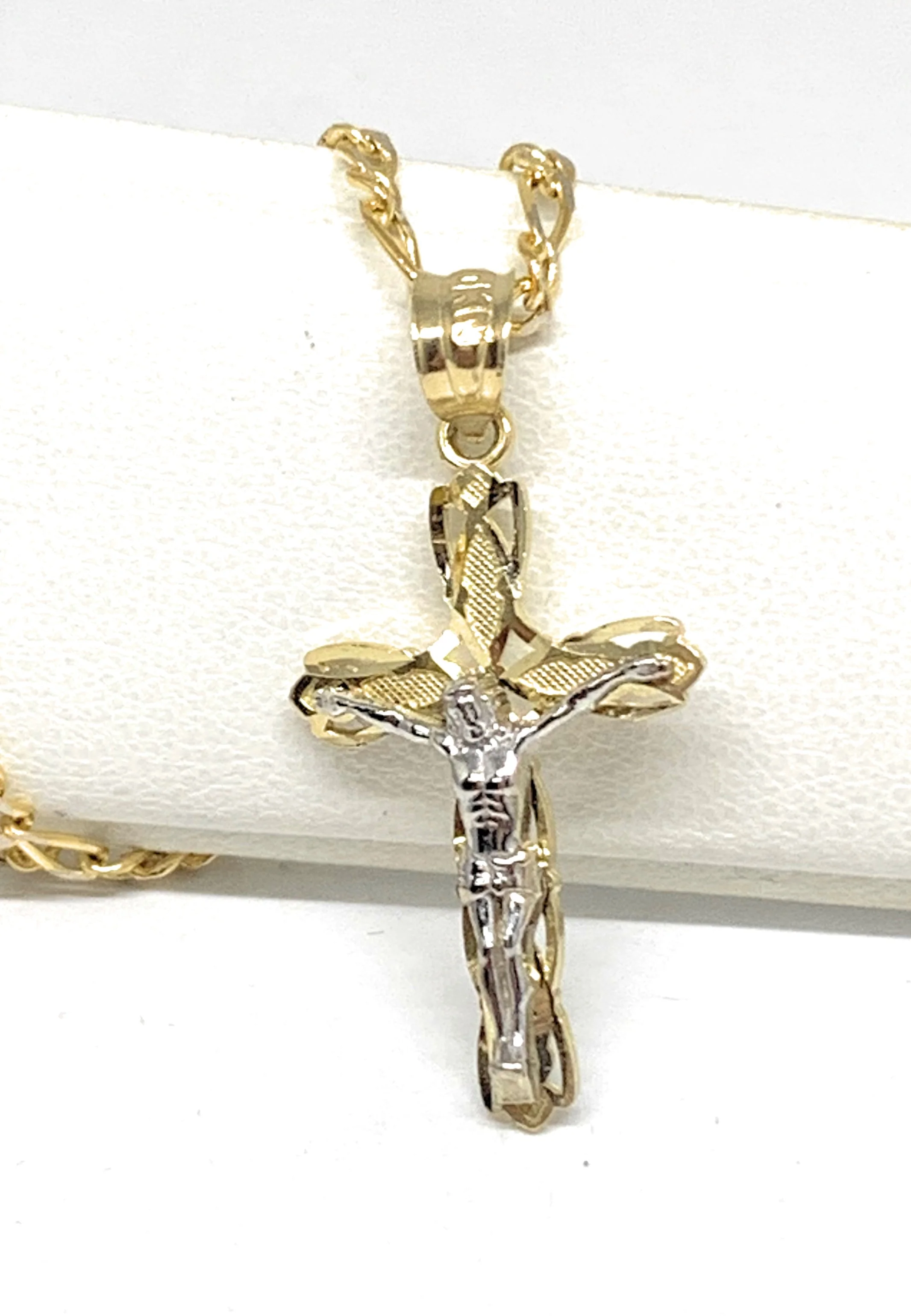 10k Solid Gold Yellow Classic 2-Tone Jesus Cross Crucifix Pendant Necklace - Image 3