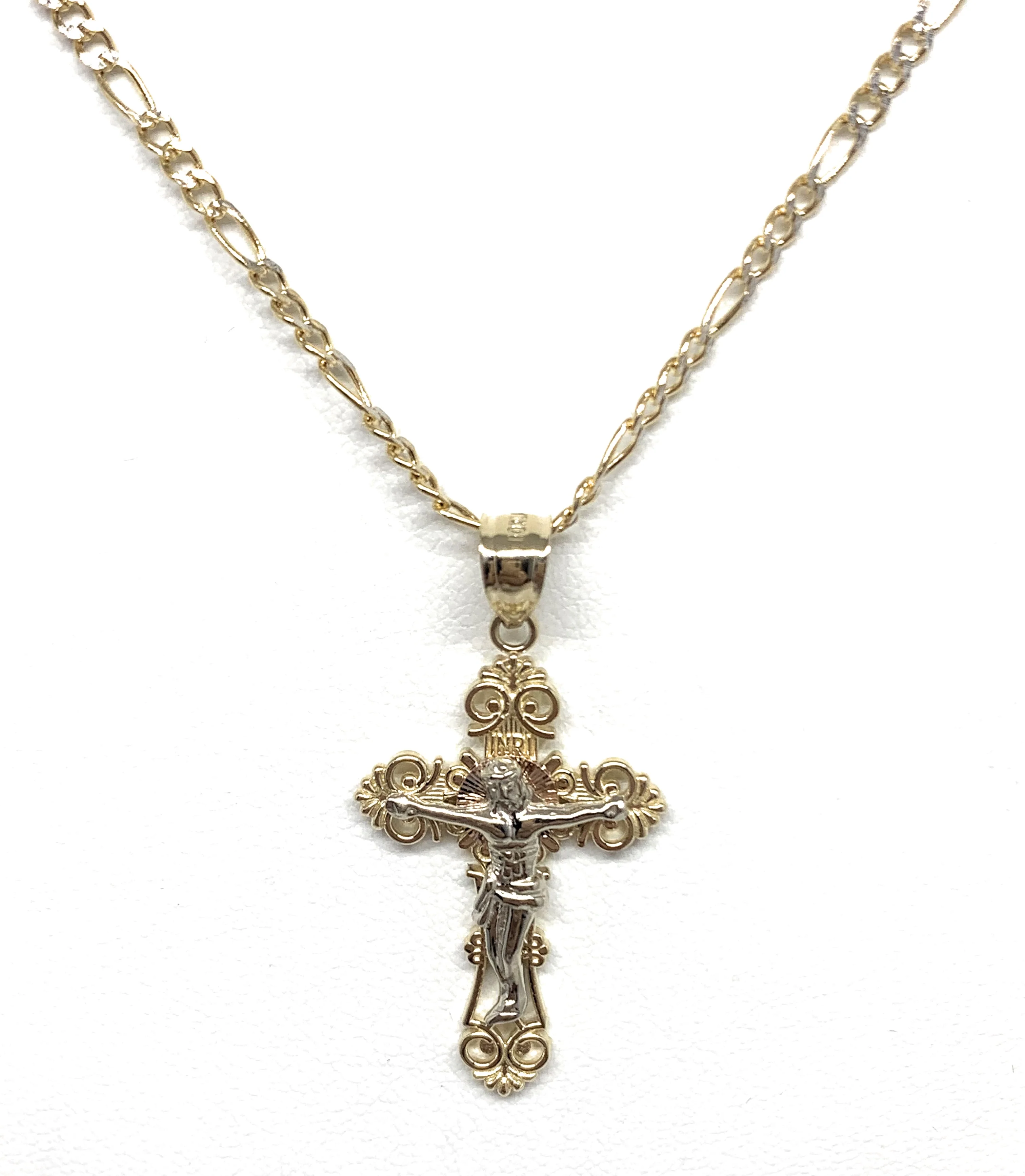 10k Solid Gold Yellow Classic 2-Tone Jesus Cross Crucifix Pendant Necklace (SM,MED) - Image 3
