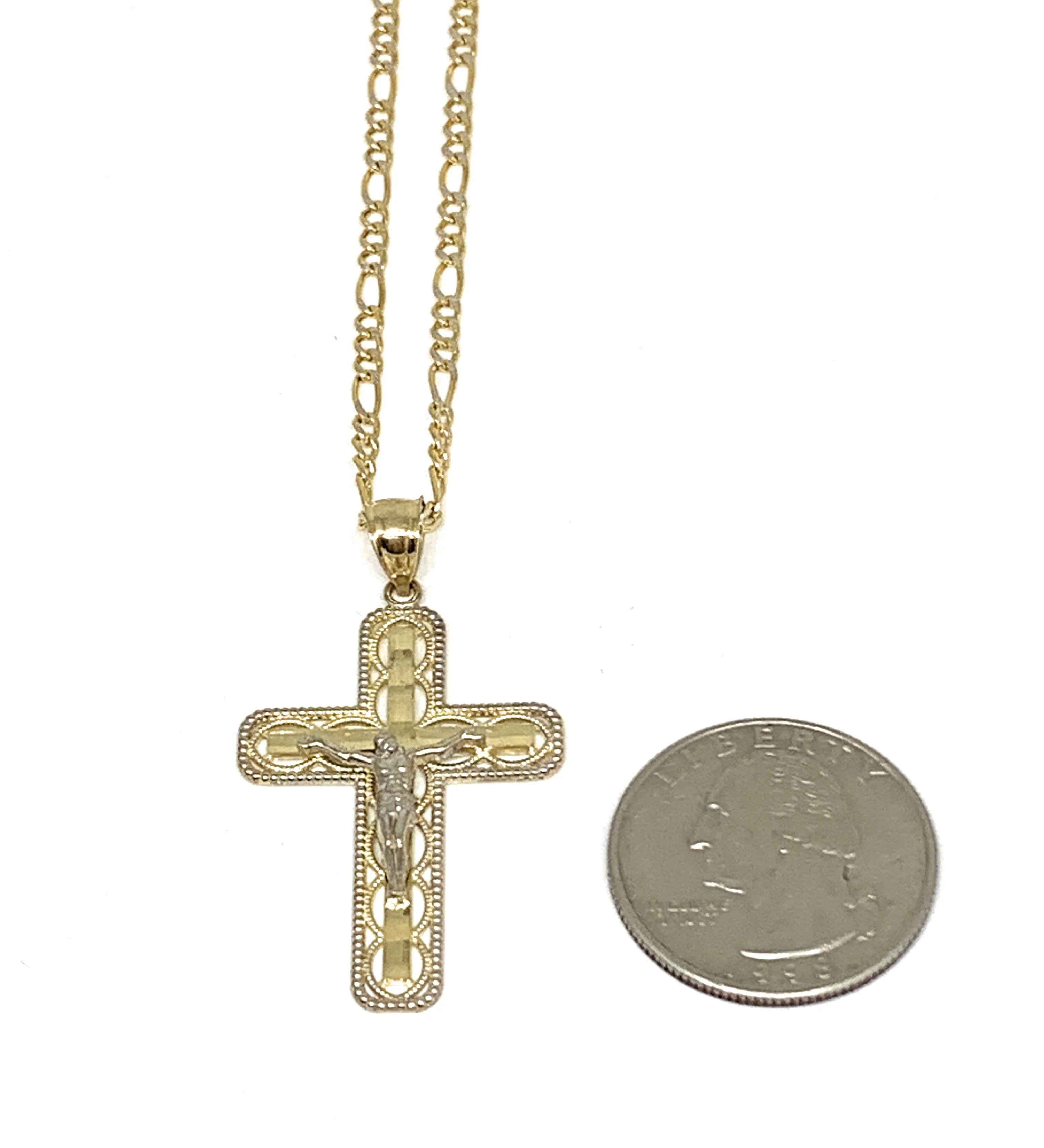 10k Solid Gold Yellow Classic 2-Tone Jesus Cross Layered Crucifix Pendant Necklace - Image 2