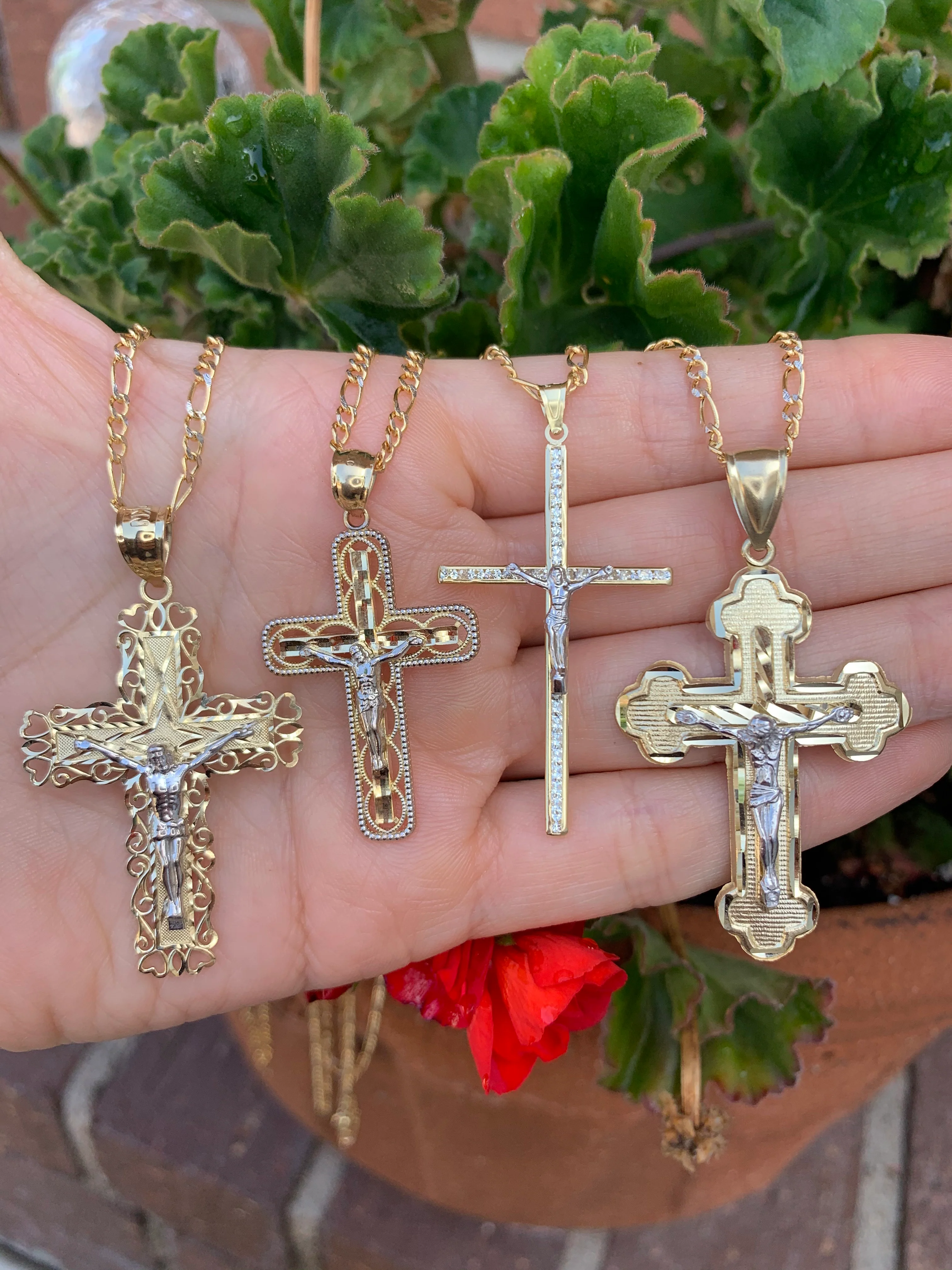 10k Solid Gold Yellow Classic 2-Tone Jesus Cross Layered Crucifix Pendant Necklace - Image 3