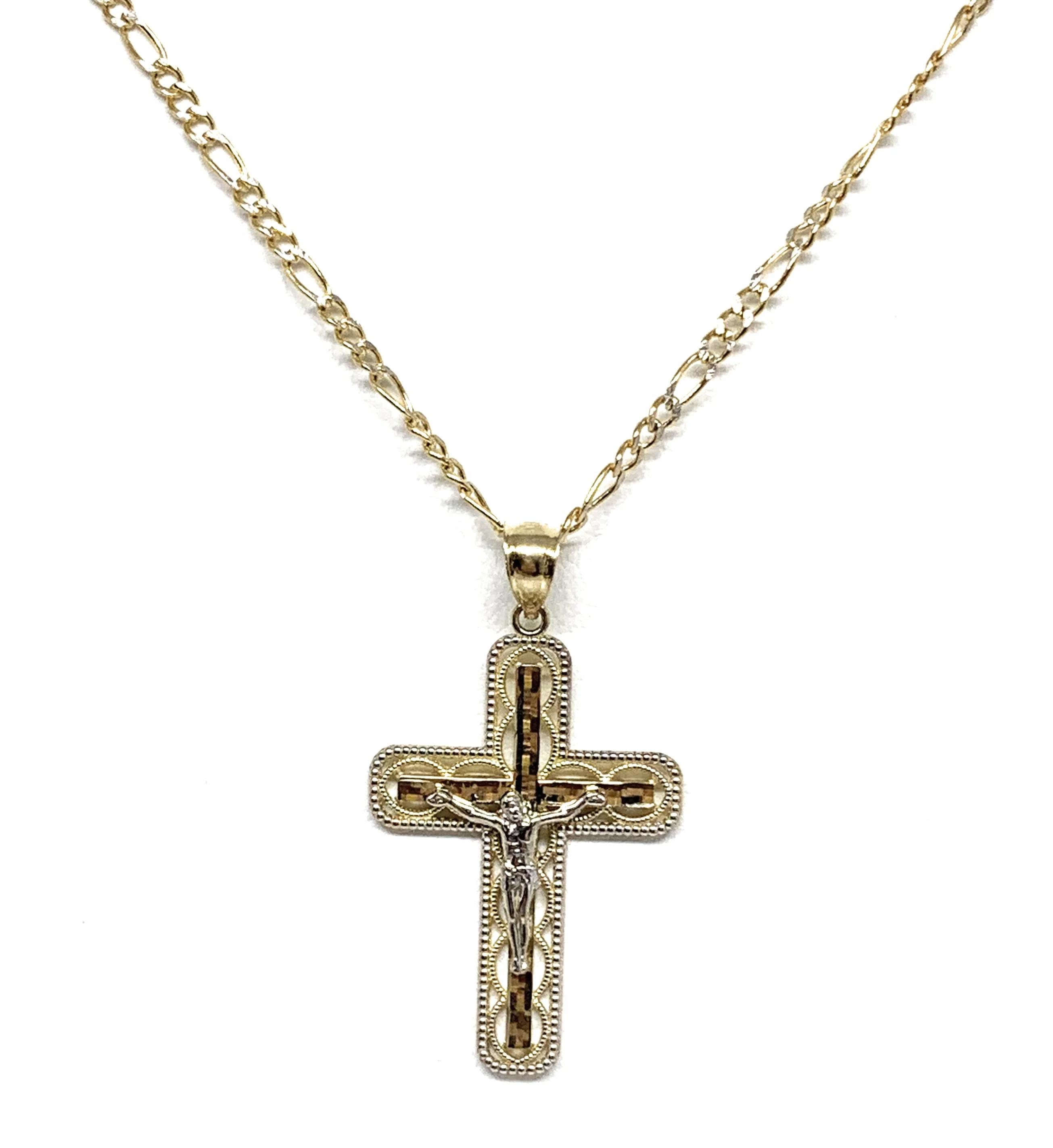 10k Solid Gold Yellow Classic 2-Tone Jesus Cross Layered Crucifix Pendant Necklace - Image 4