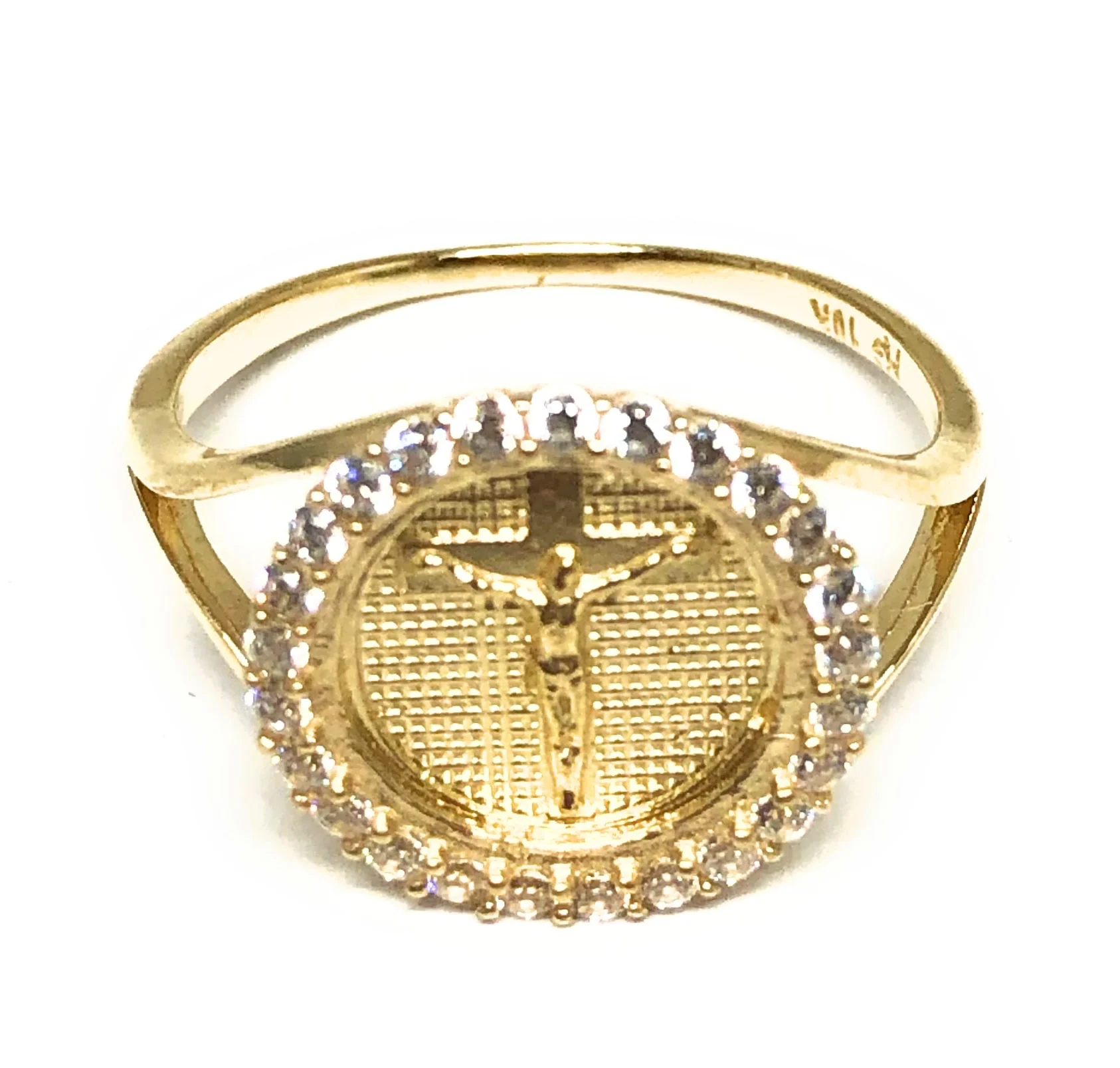 10k Solid Gold Yellow Classic Jesus Cross Crucifix Signet CZ Ring