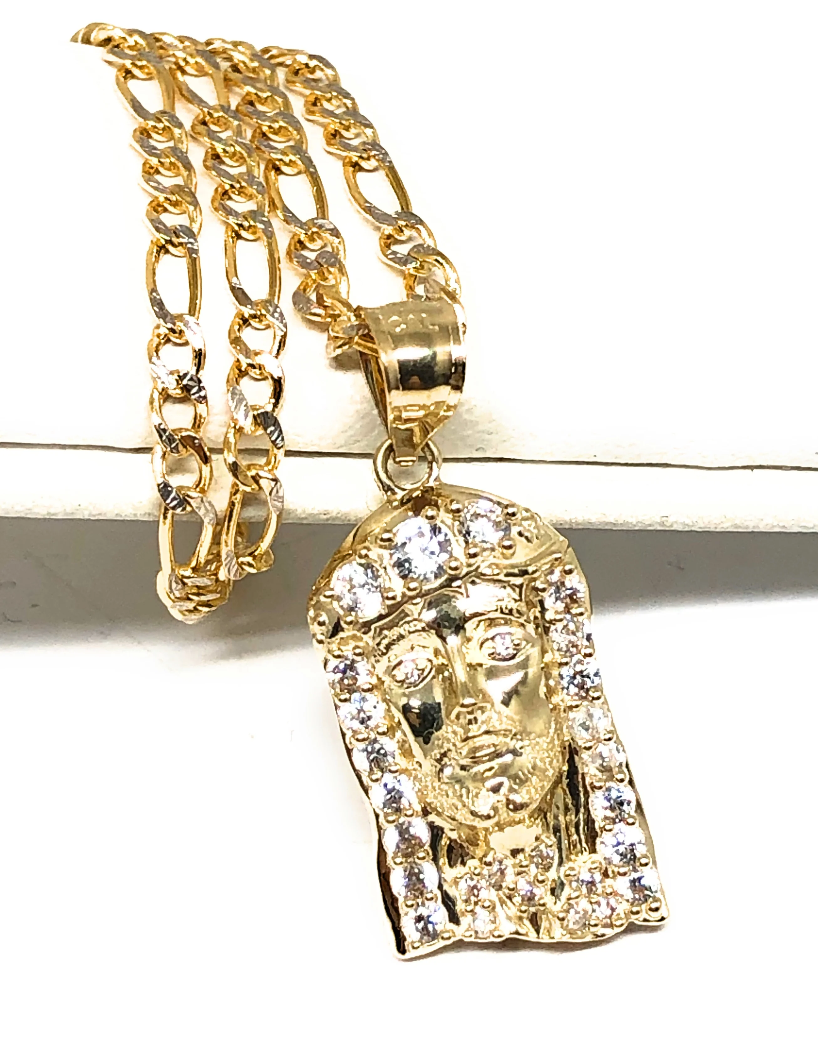 10k Solid Gold Yellow Classic Jesus Face CZ Pendant Necklace (SM, MED)