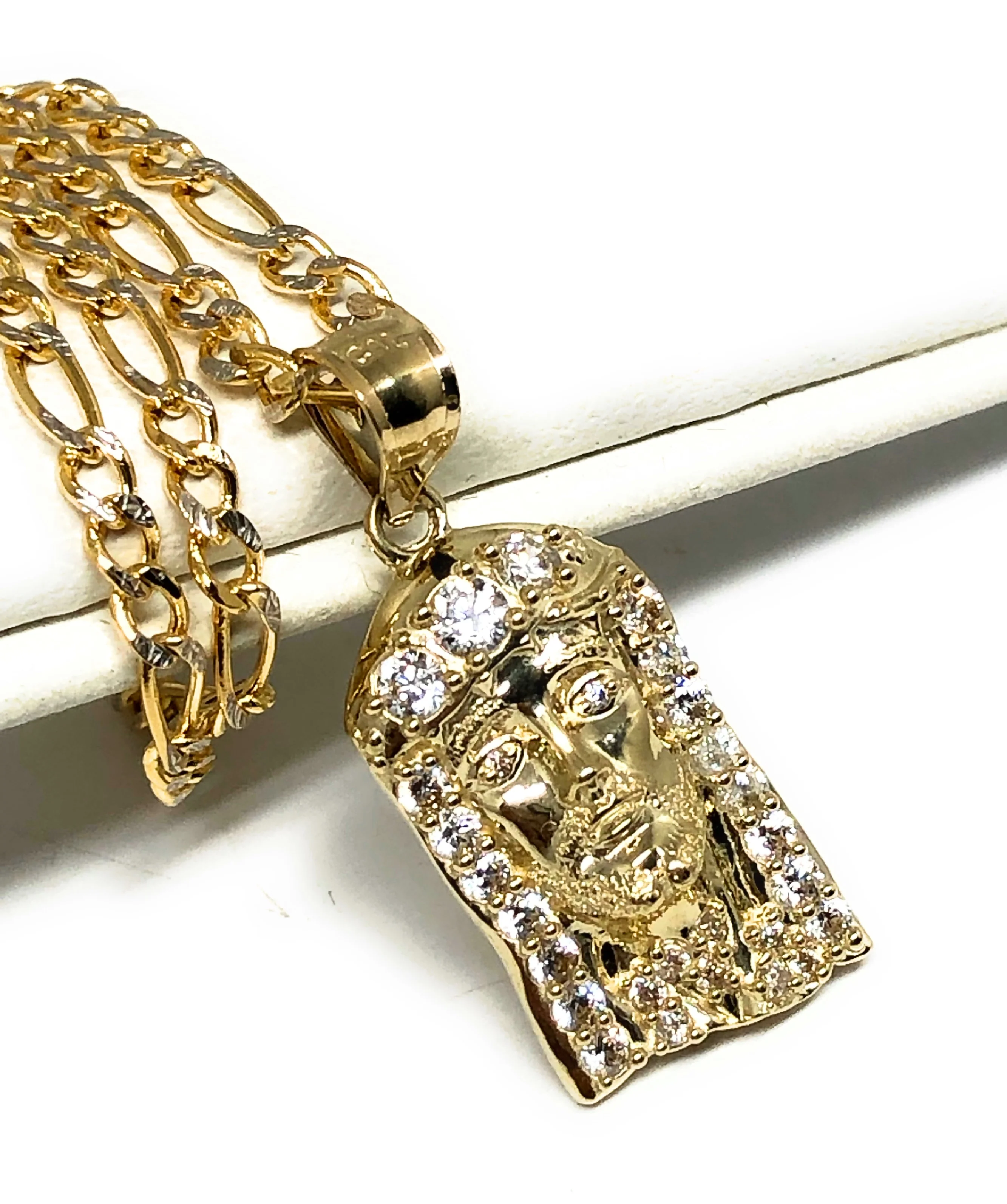 10k Solid Gold Yellow Classic Jesus Face CZ Pendant Necklace (SM, MED) - Image 3