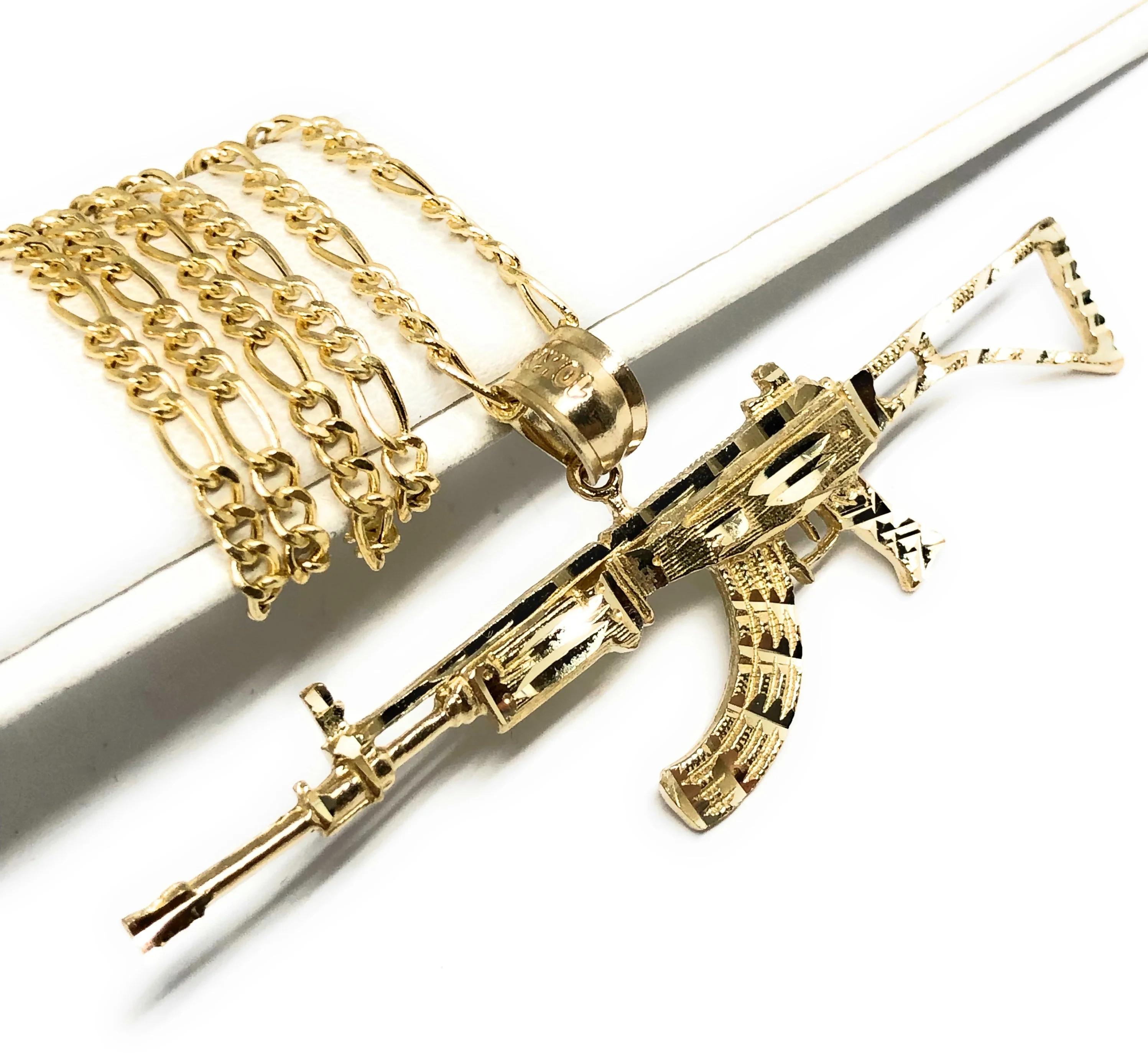 10k Solid Gold Yellow Classic Machine Gun AK-47 Pendant Necklace