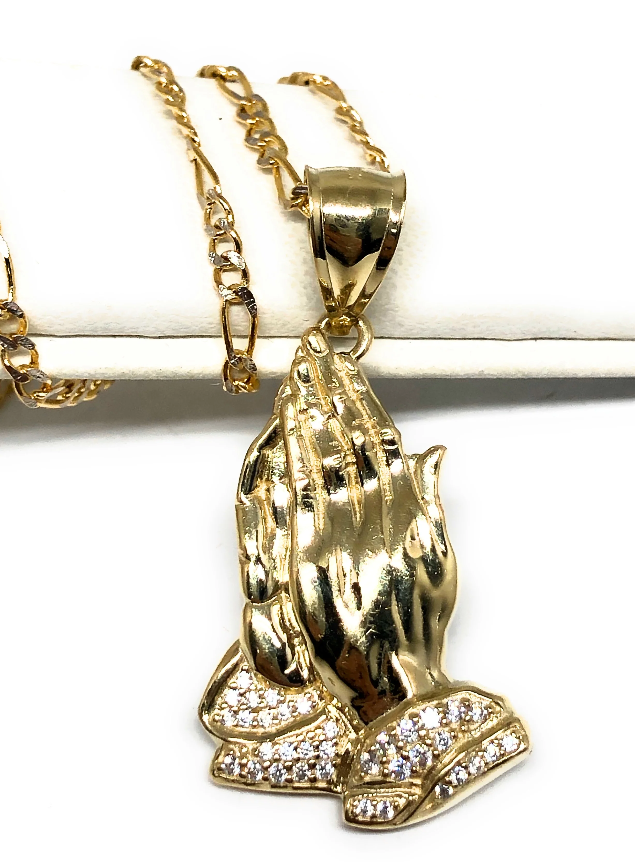 10k Solid Gold Yellow Classic Praying Hands CZ Pendant Necklace
