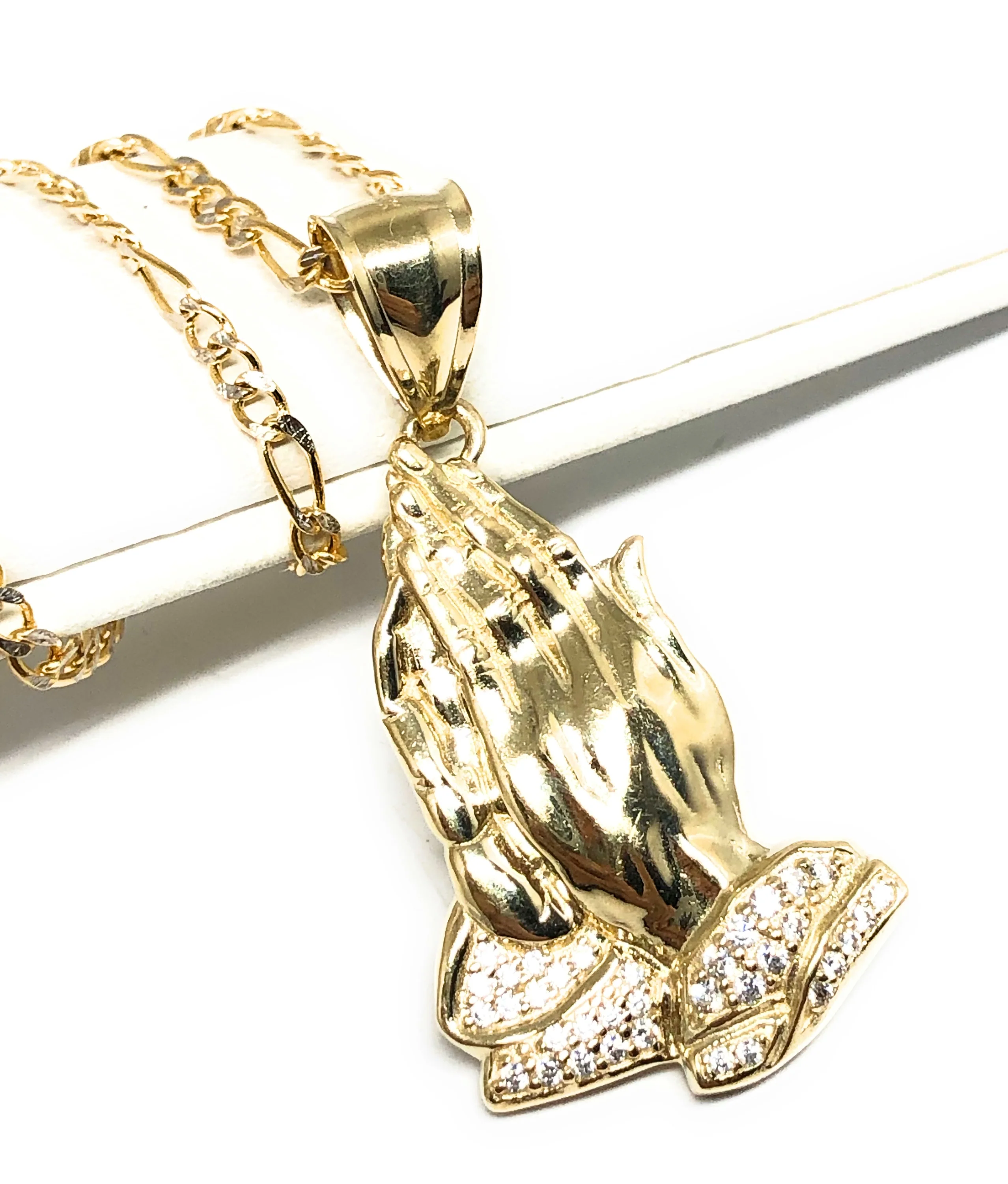 10k Solid Gold Yellow Classic Praying Hands CZ Pendant Necklace - Image 2