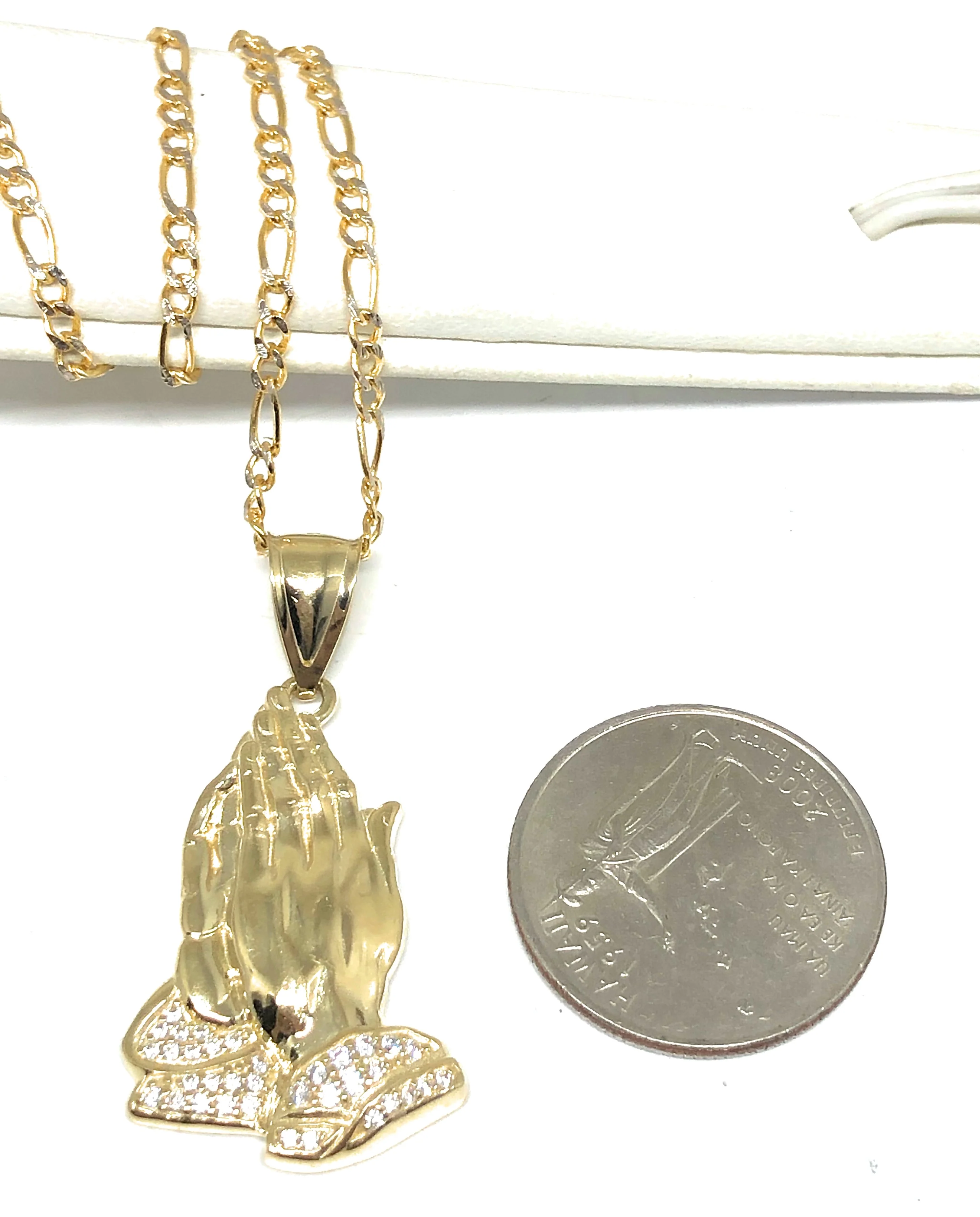 10k Solid Gold Yellow Classic Praying Hands CZ Pendant Necklace - Image 3