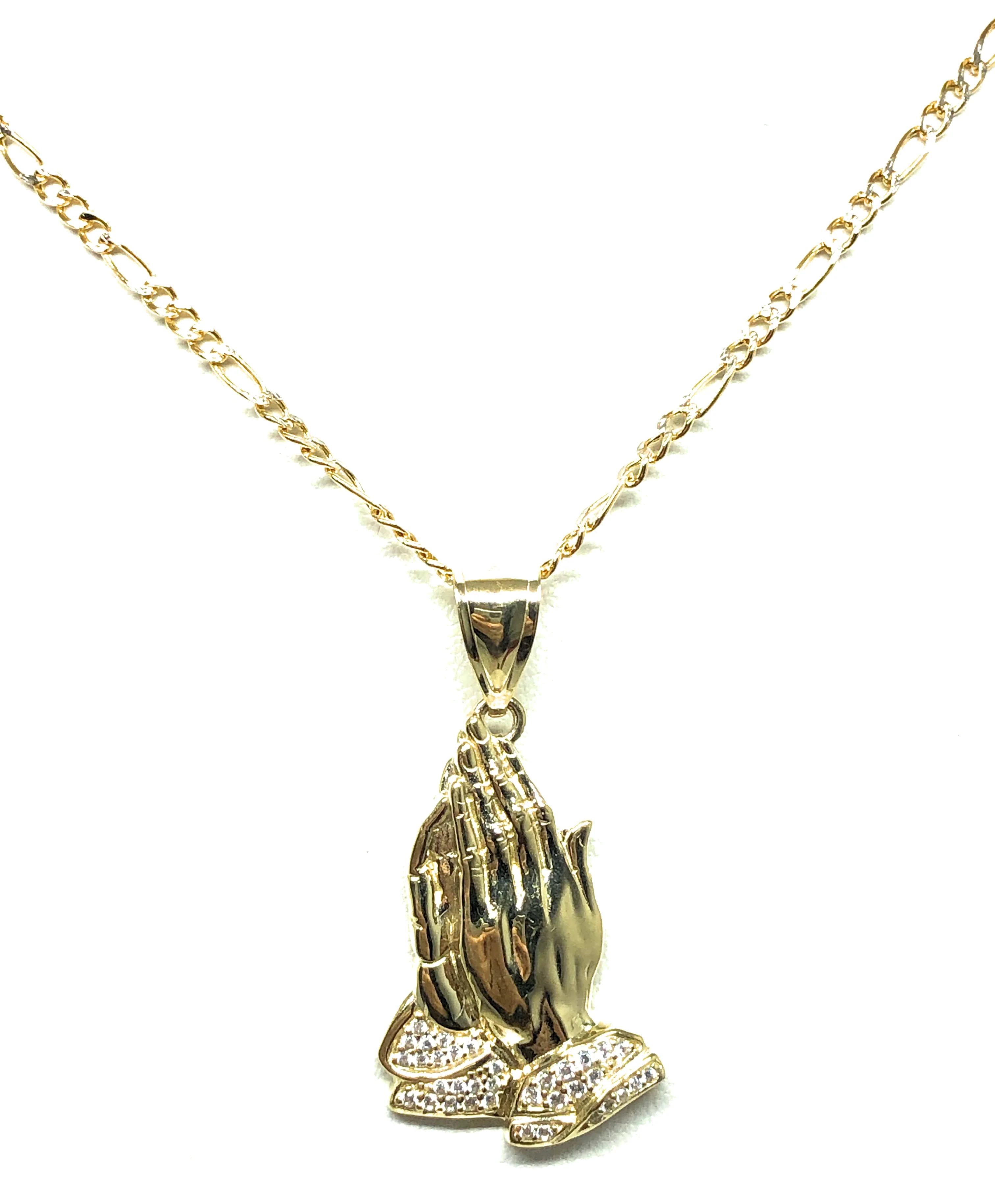 10k Solid Gold Yellow Classic Praying Hands CZ Pendant Necklace - Image 4