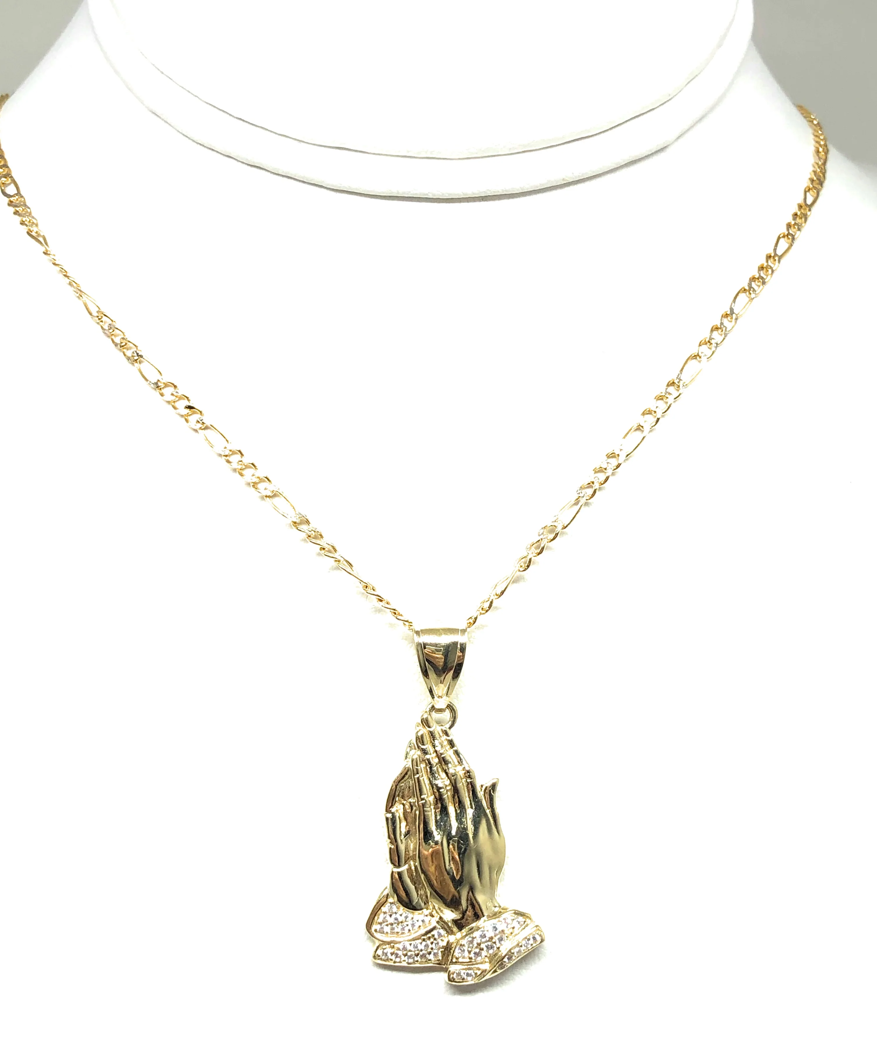 10k Solid Gold Yellow Classic Praying Hands CZ Pendant Necklace - Image 5