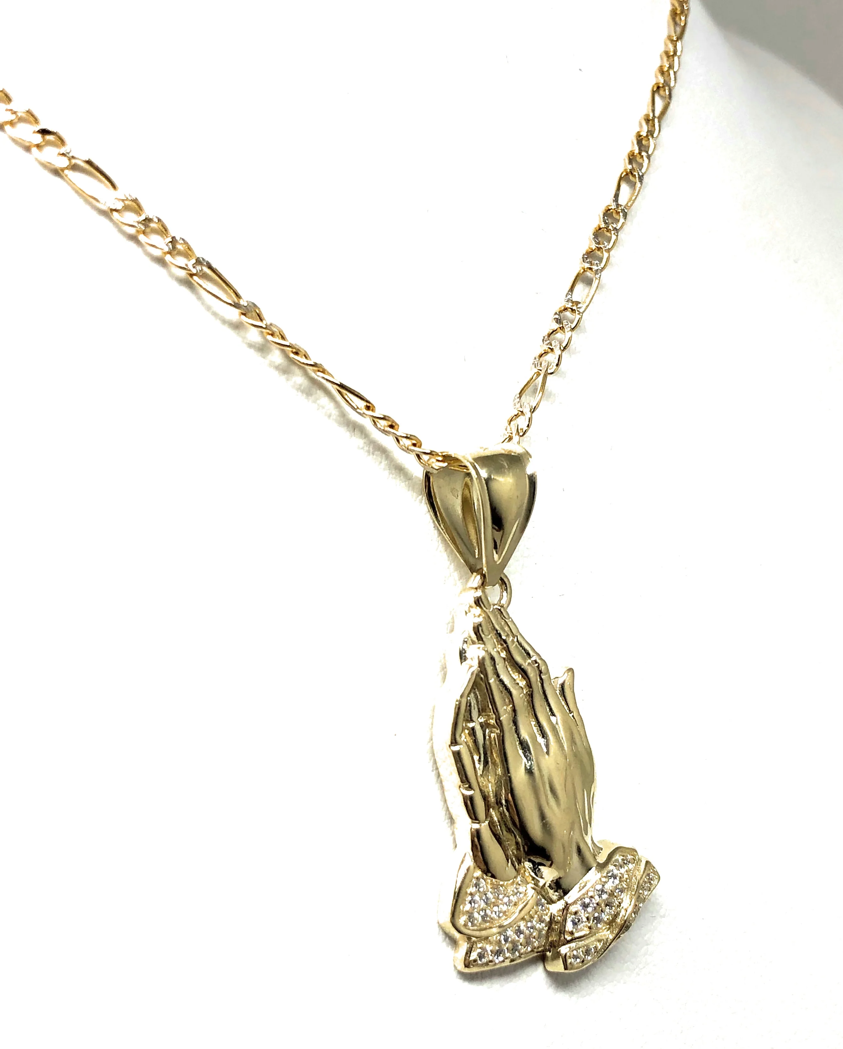 10k Solid Gold Yellow Classic Praying Hands CZ Pendant Necklace - Image 6