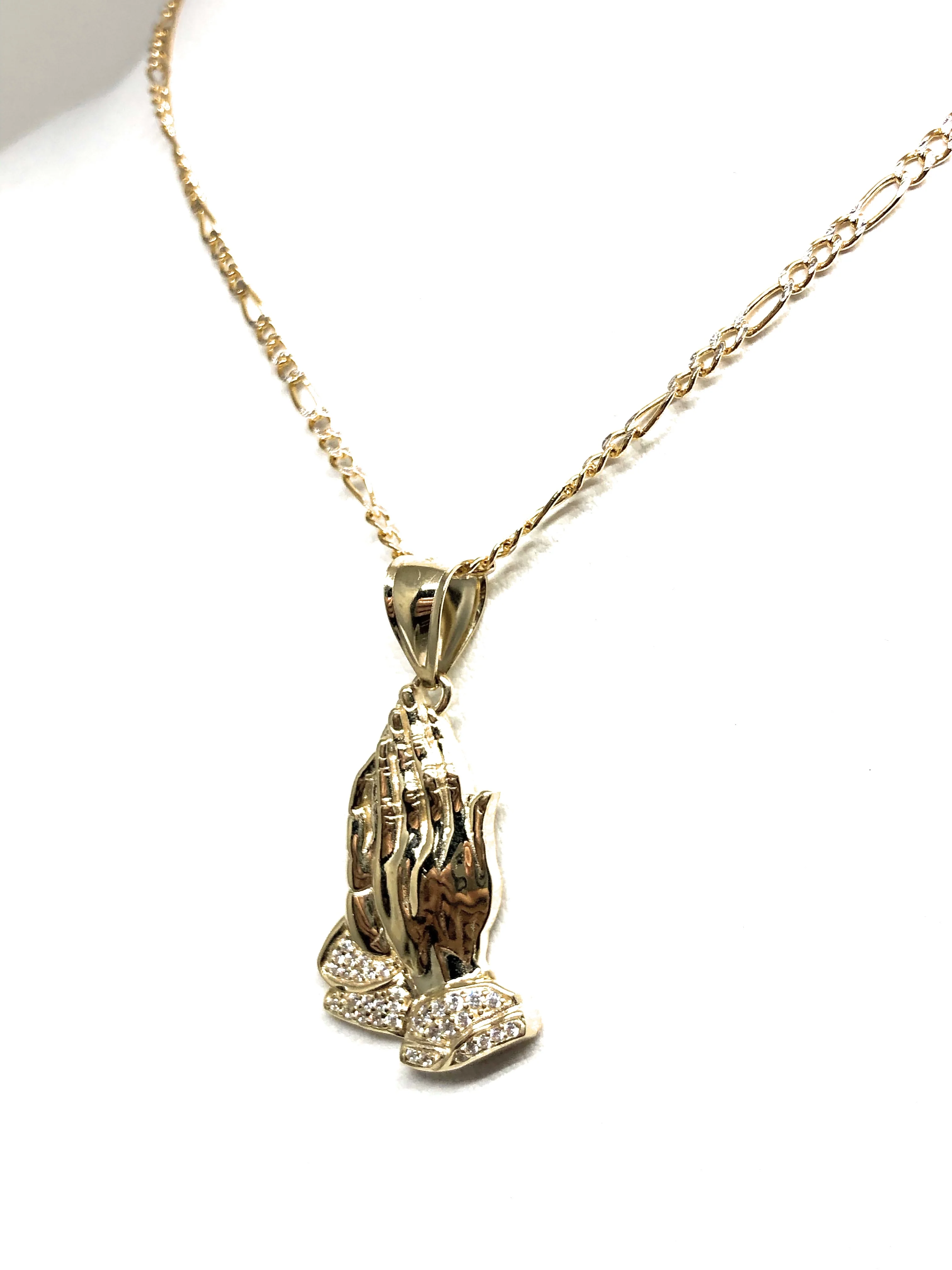 10k Solid Gold Yellow Classic Praying Hands CZ Pendant Necklace - Image 7
