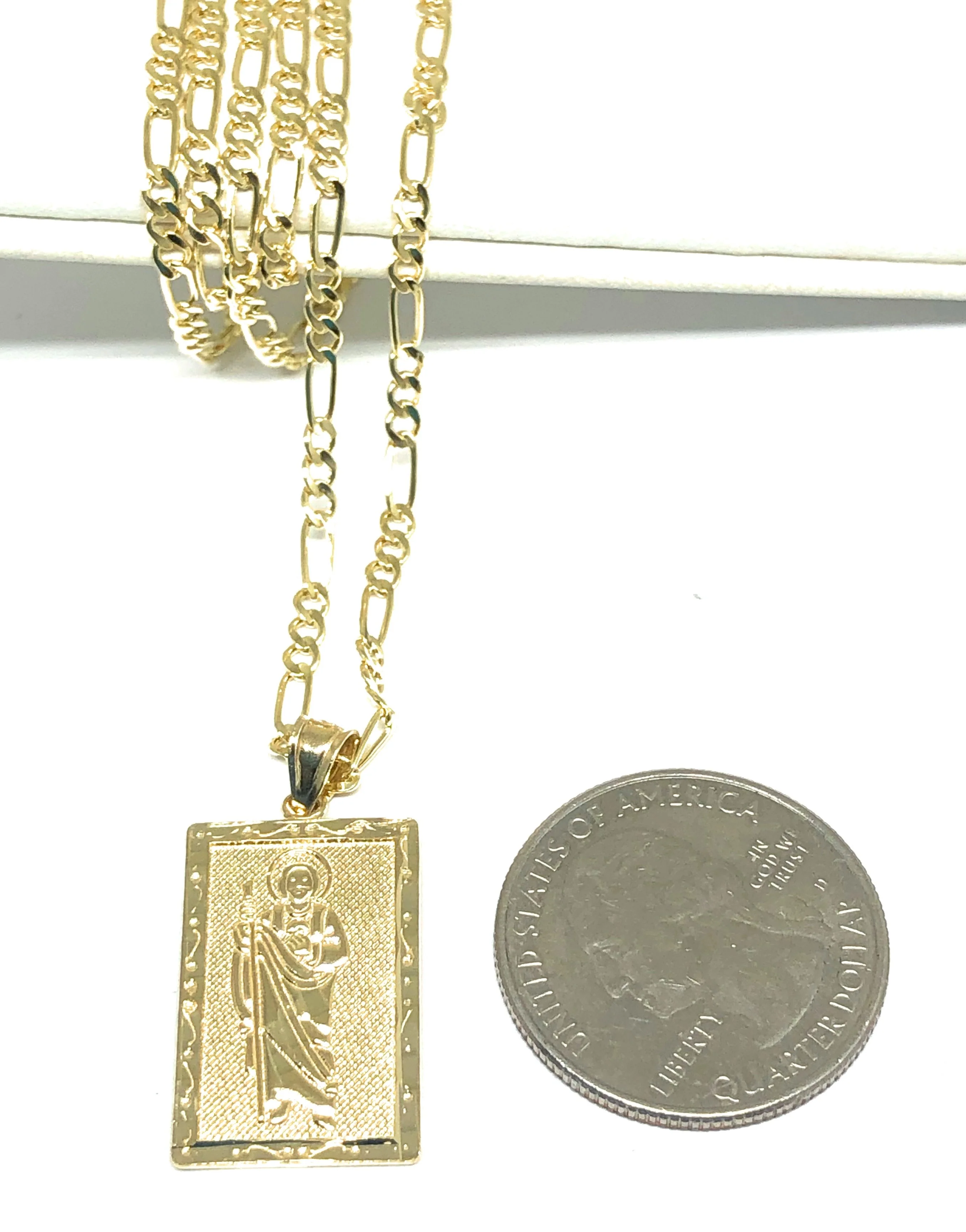10k Solid Gold Yellow Classic Saan Judas Saaint Jude Square Pendant with Figaro Chain (MED, SM) - Image 3