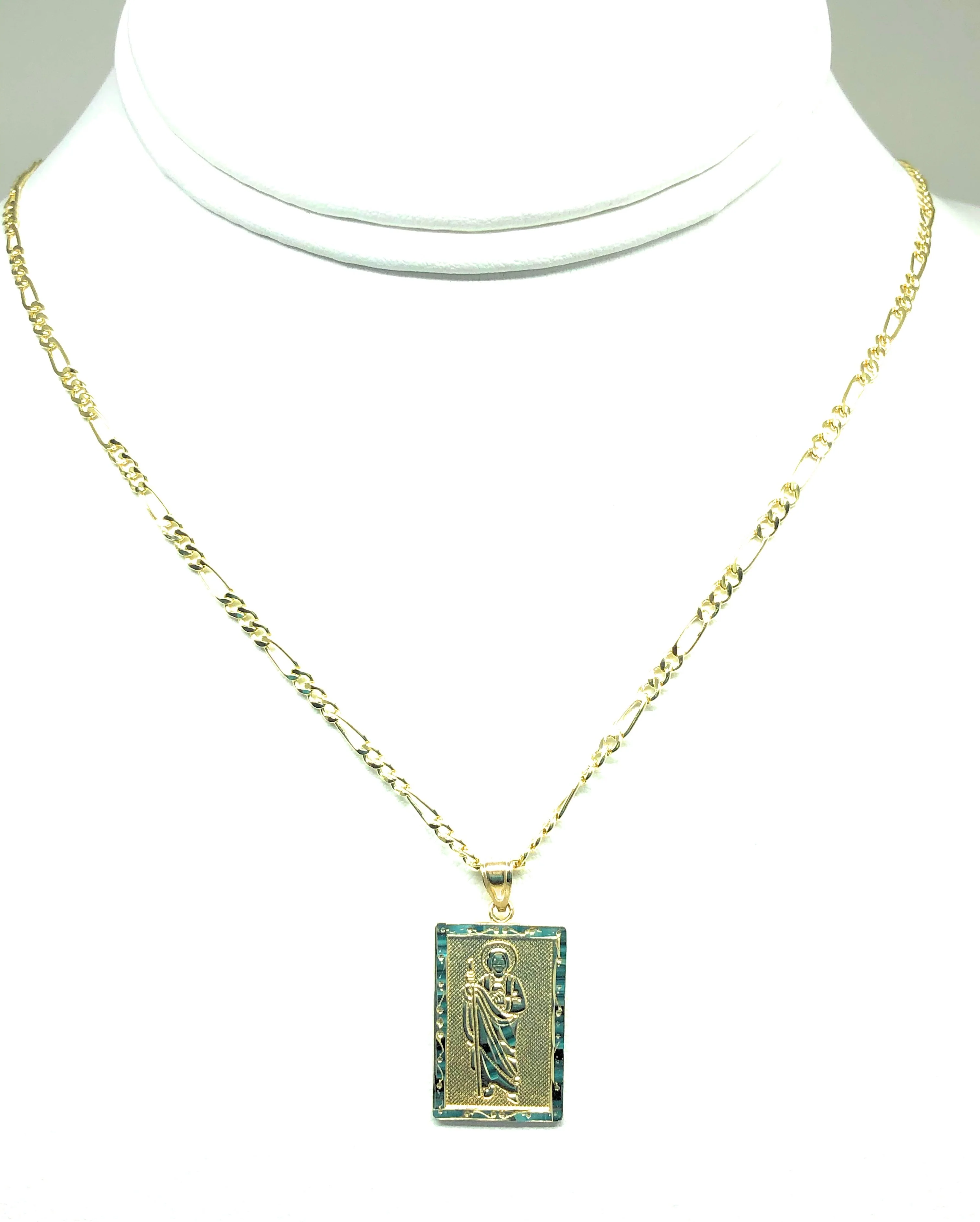 10k Solid Gold Yellow Classic Saan Judas Saaint Jude Square Pendant with Figaro Chain (MED, SM) - Image 6