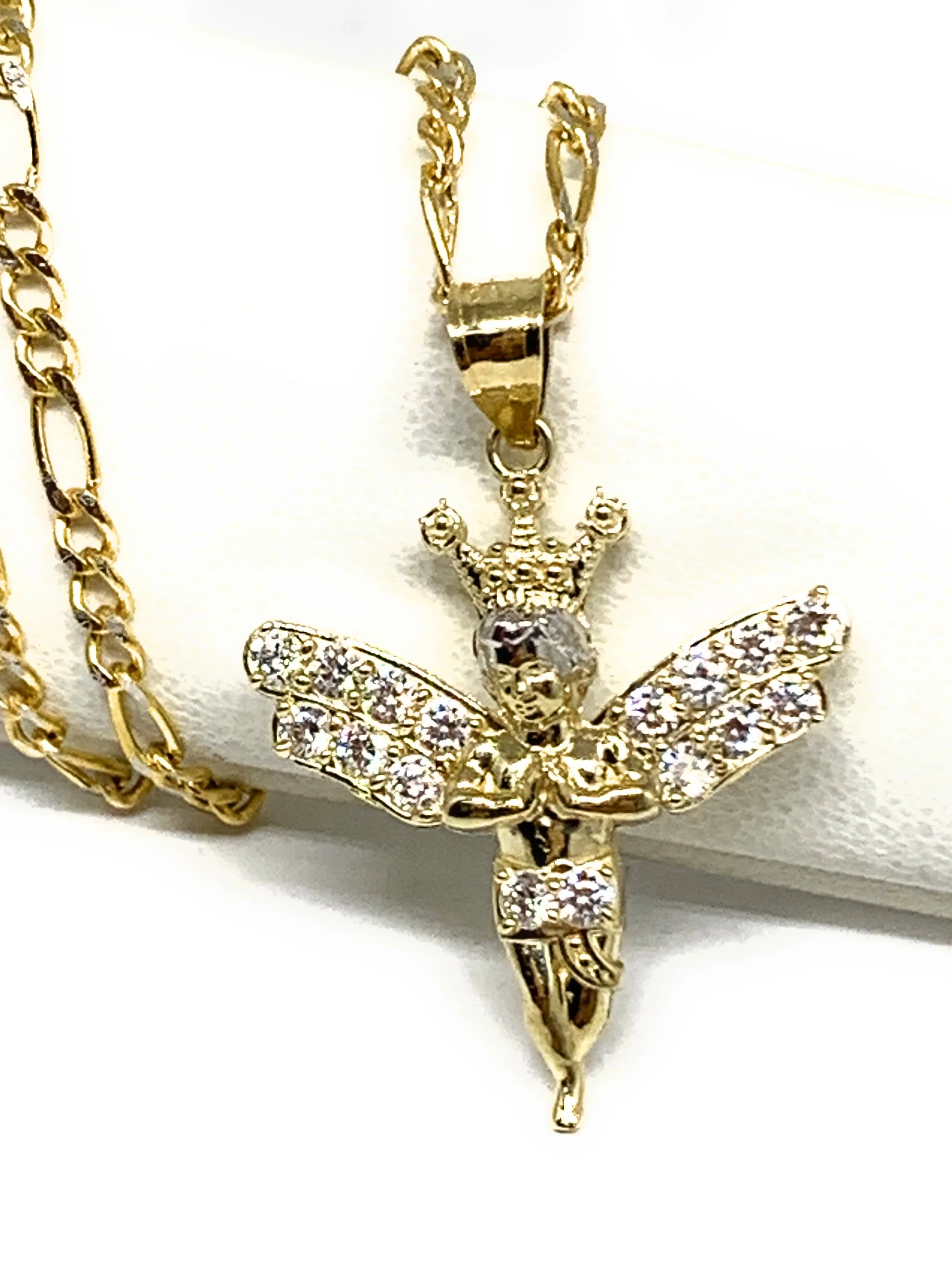10k Solid Gold Yellow Crown Angel Cubic Zirconia Pendant Necklace