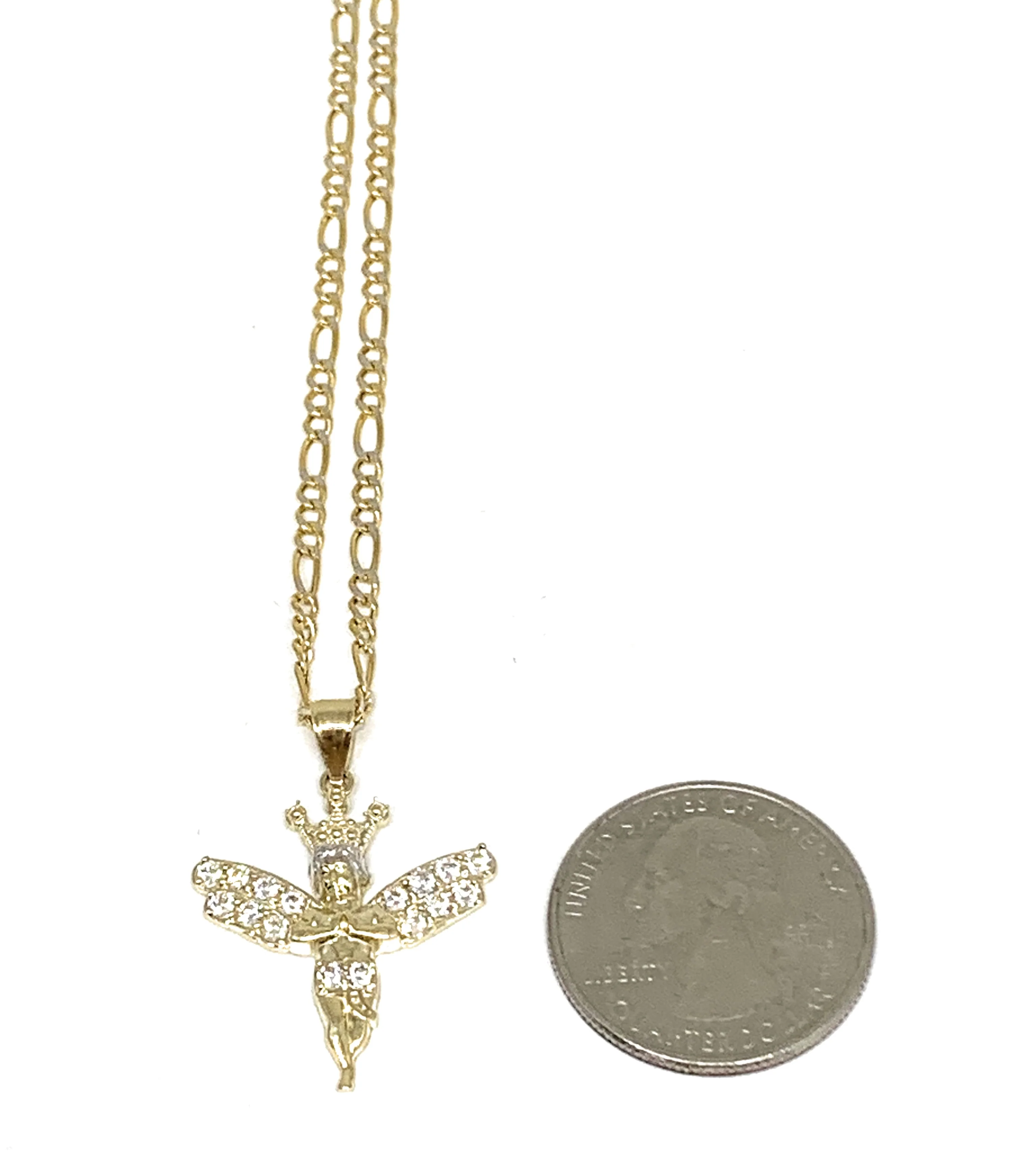 10k Solid Gold Yellow Crown Angel Cubic Zirconia Pendant Necklace - Image 2
