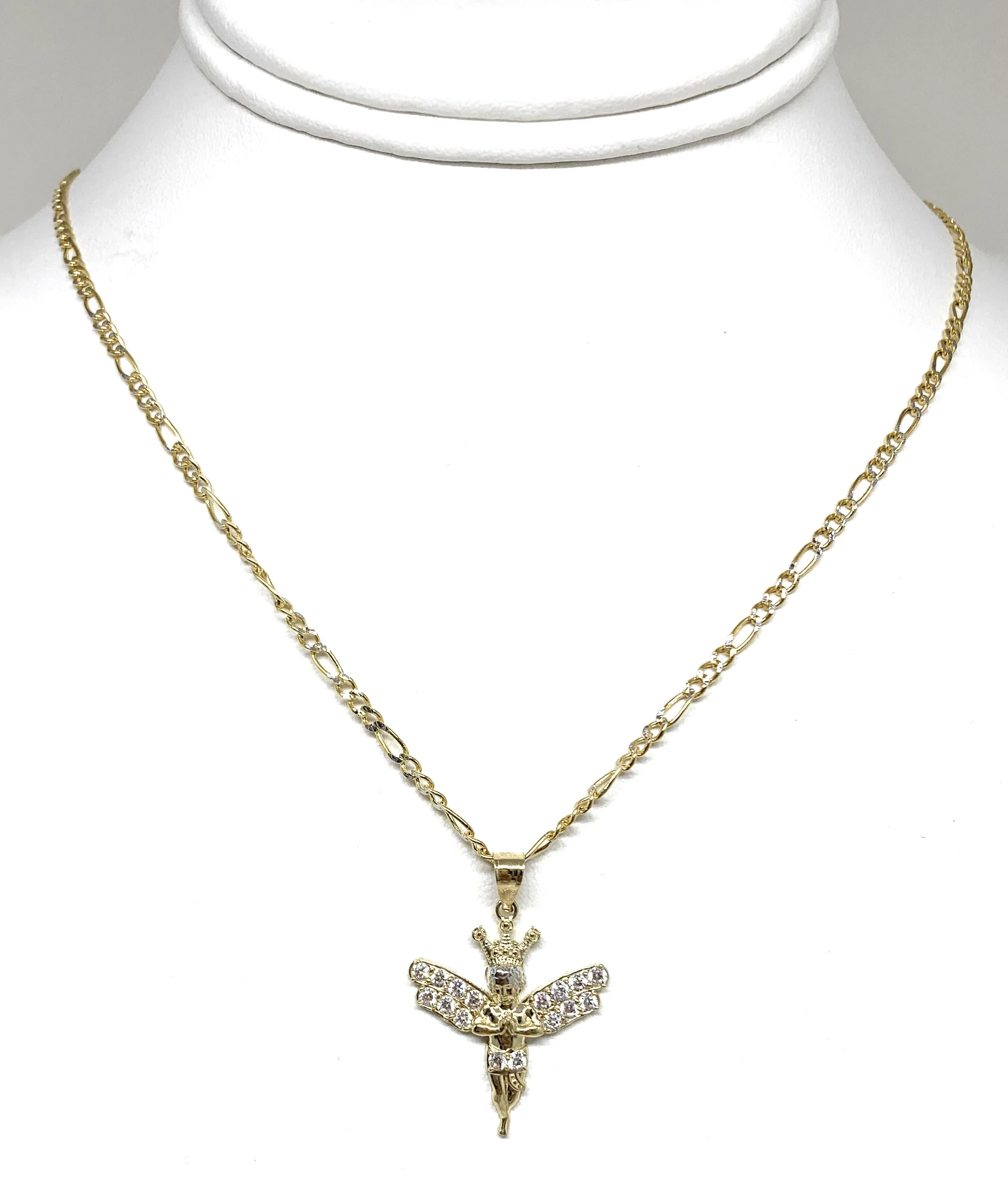 10k Solid Gold Yellow Crown Angel Cubic Zirconia Pendant Necklace - Image 3