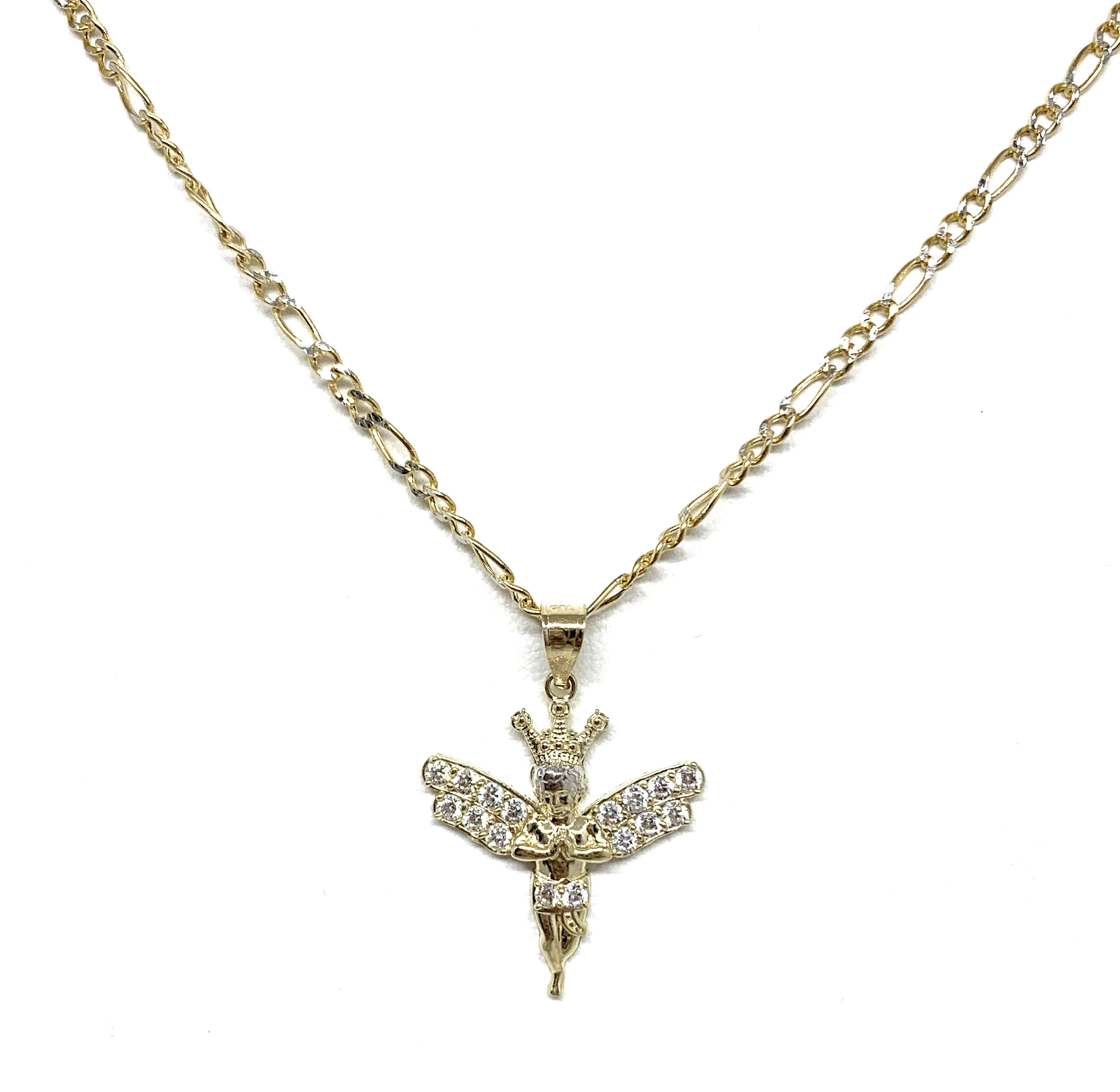 10k Solid Gold Yellow Crown Angel Cubic Zirconia Pendant Necklace - Image 4