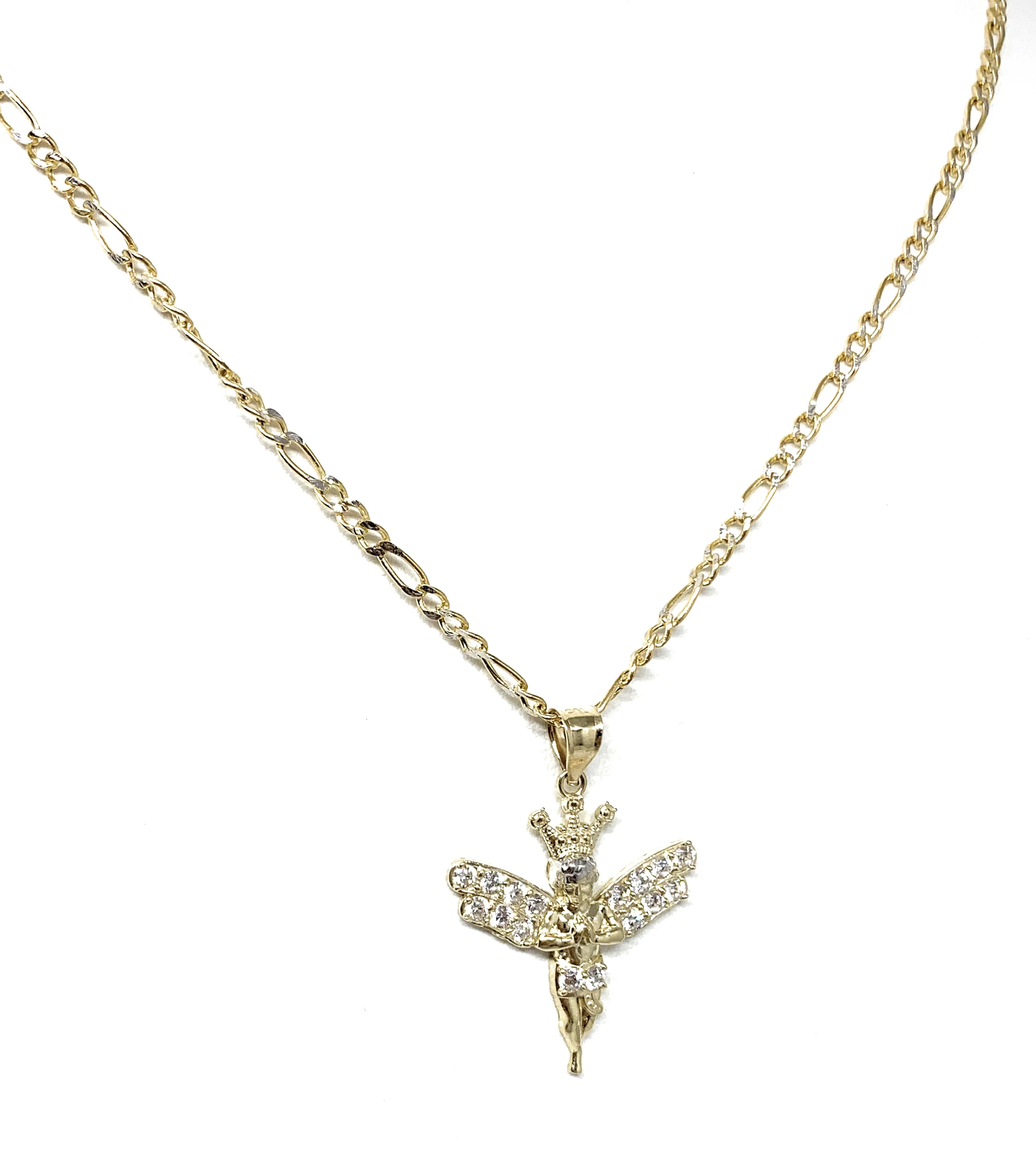 10k Solid Gold Yellow Crown Angel Cubic Zirconia Pendant Necklace - Image 5