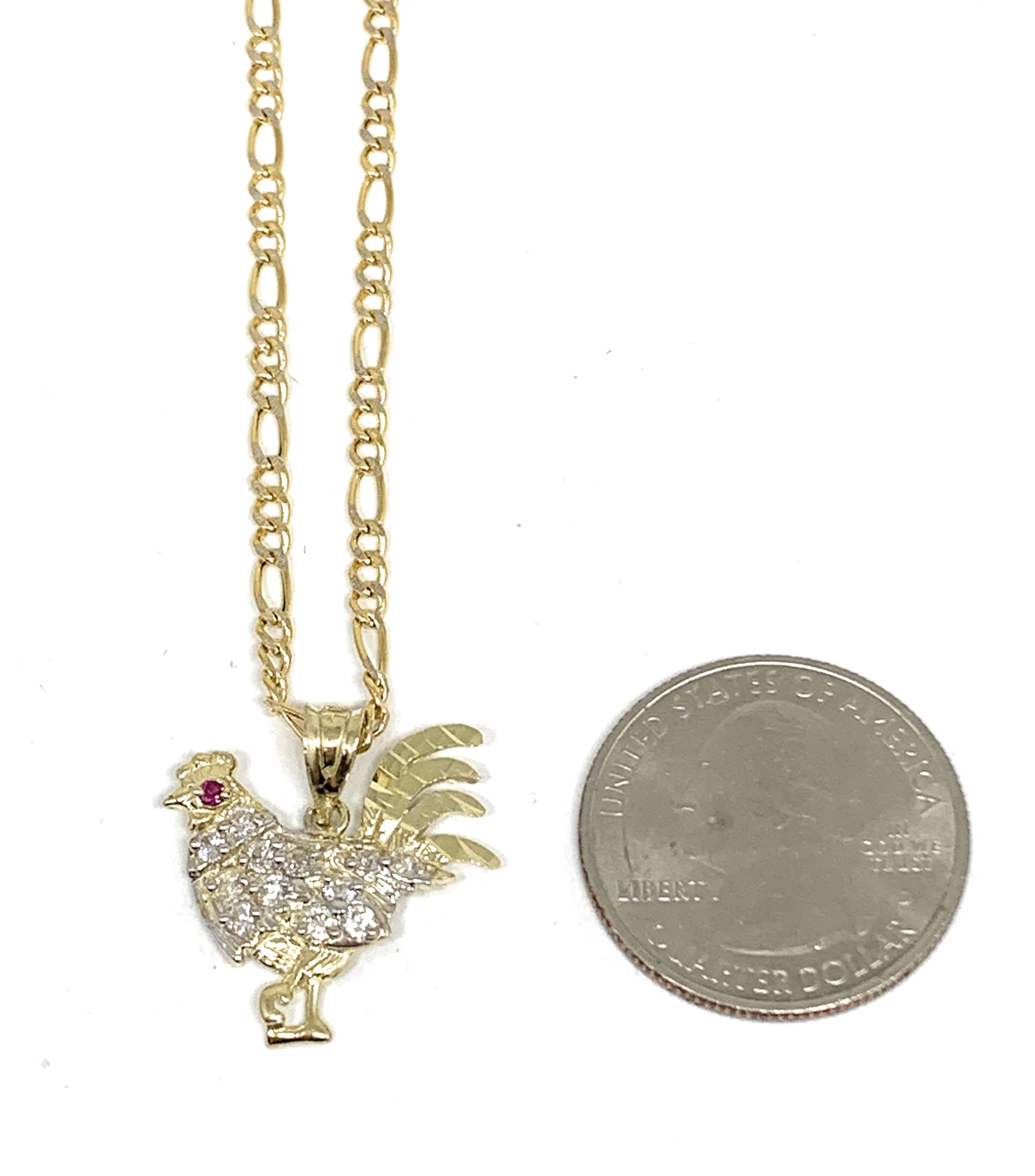 10k Solid Gold Yellow Cubic Zirconia White Rooster Pendant Necklace - Image 2
