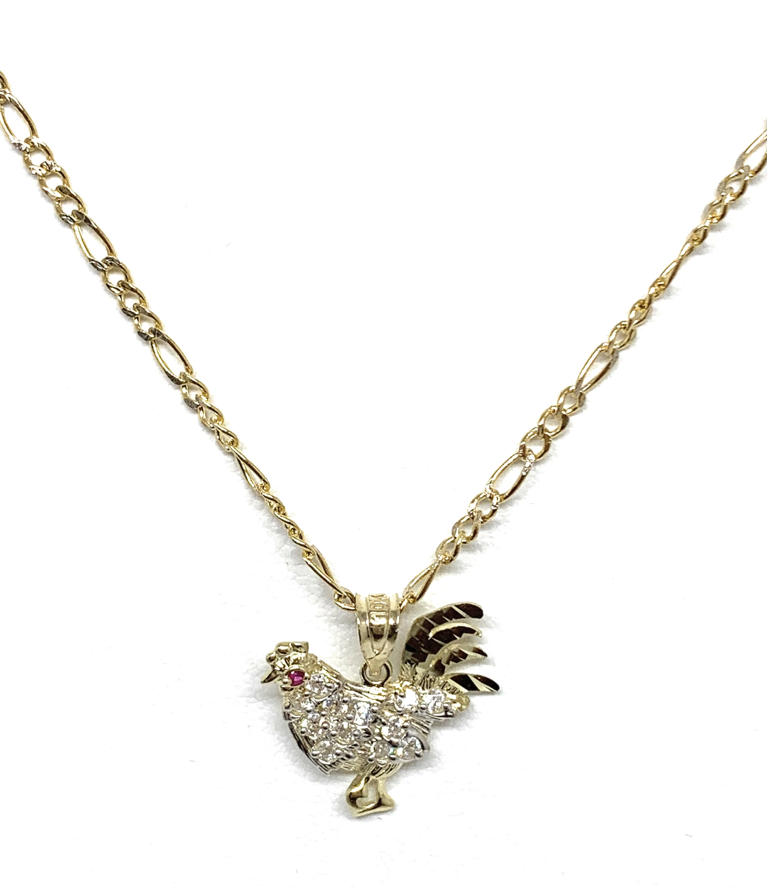 10k Solid Gold Yellow Cubic Zirconia White Rooster Pendant Necklace - Image 3