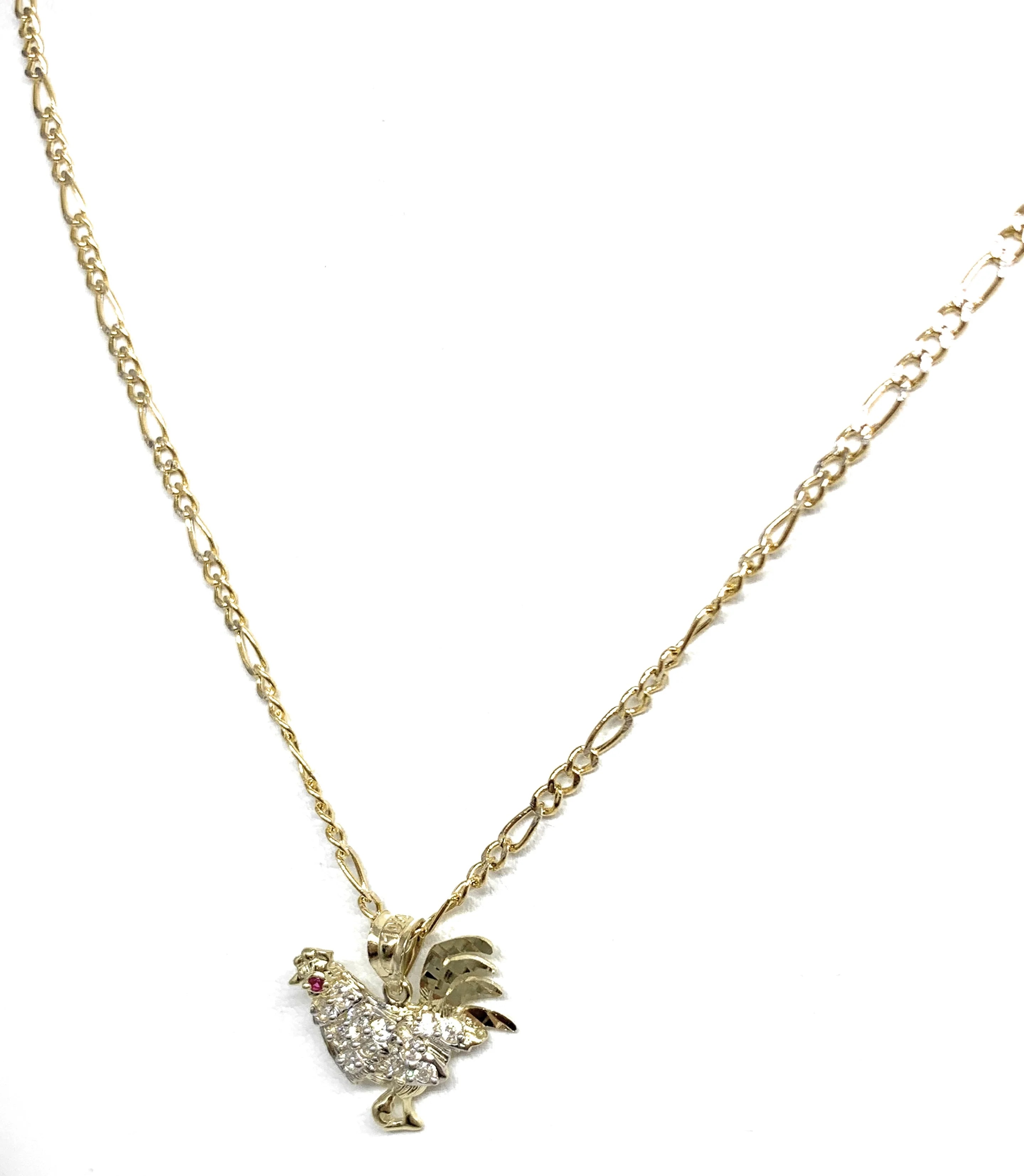 10k Solid Gold Yellow Cubic Zirconia White Rooster Pendant Necklace - Image 4