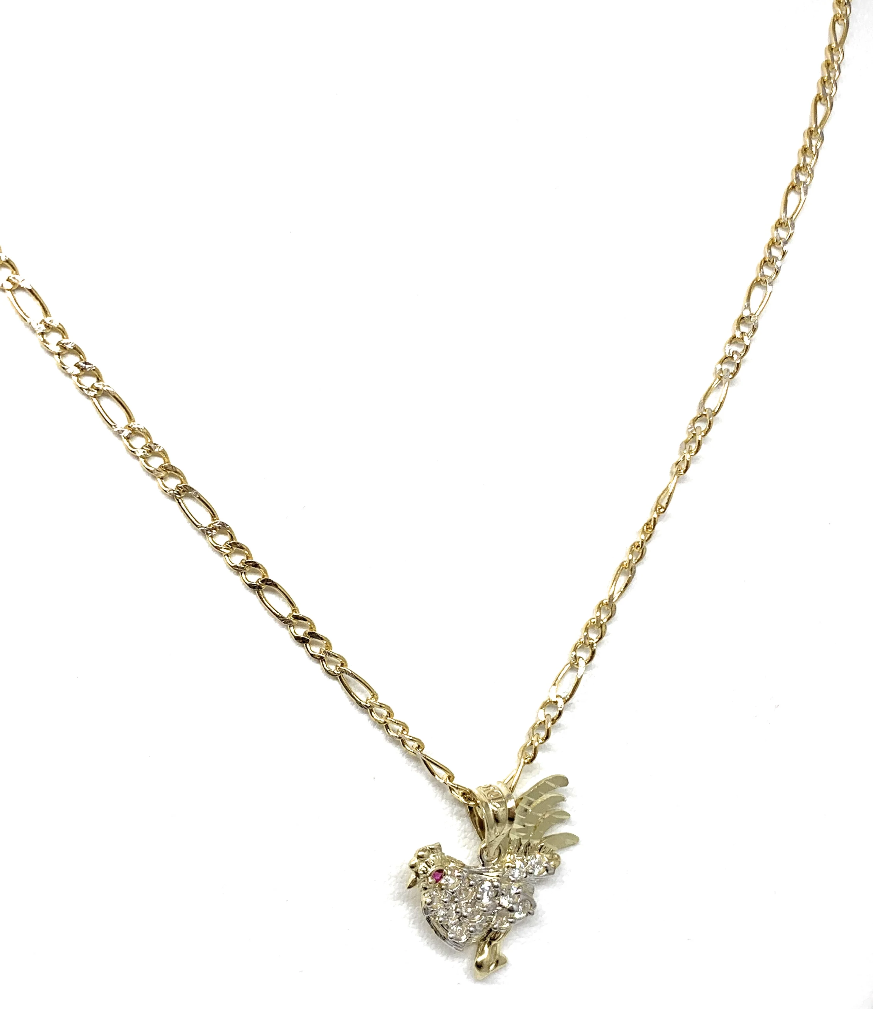 10k Solid Gold Yellow Cubic Zirconia White Rooster Pendant Necklace - Image 5