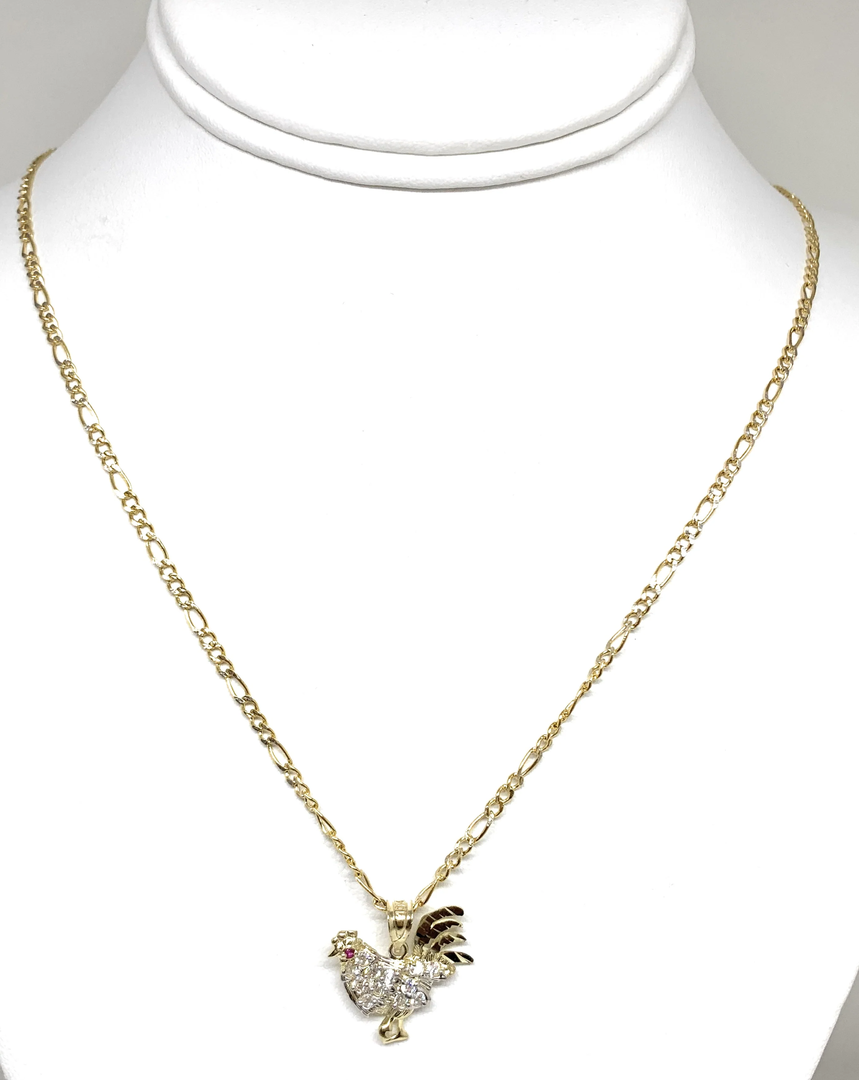 10k Solid Gold Yellow Cubic Zirconia White Rooster Pendant Necklace - Image 6