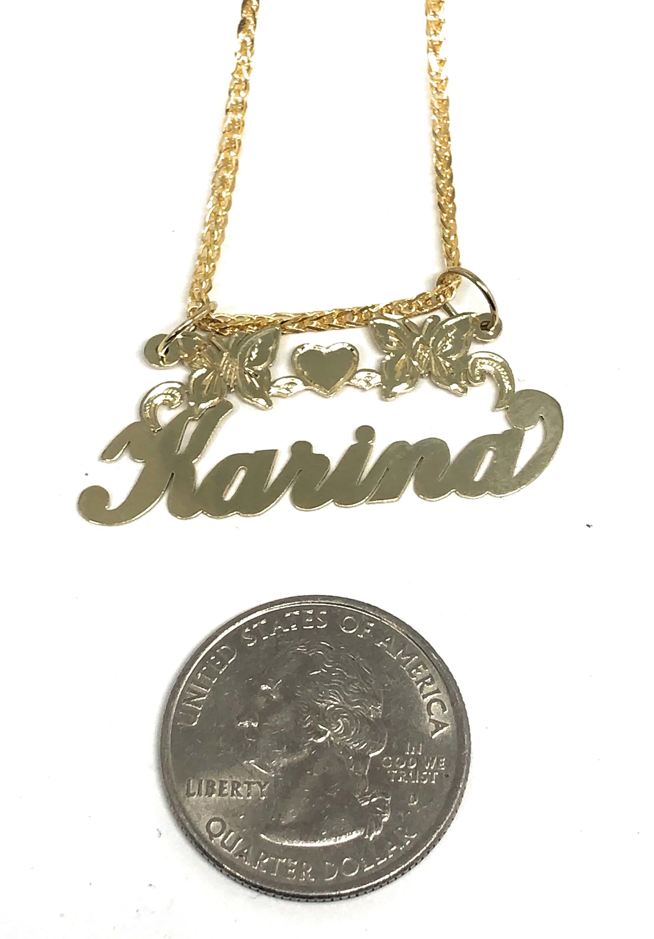 10k Solid Gold Yellow Cursive Butterflies & Heart Custom Nameplate Pendant Necklace with Chain Options - Image 2
